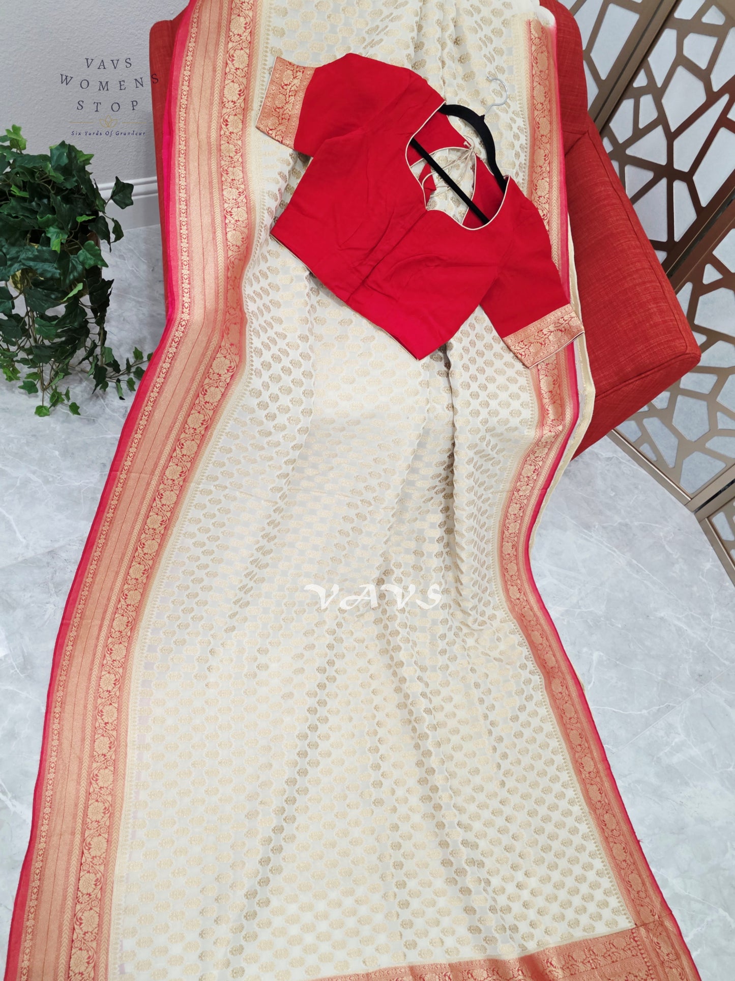 Ivory & Ruby Red Premium Viscose Georgette Saree with Gold Floral Border & Stitched Blouse Size 34–40