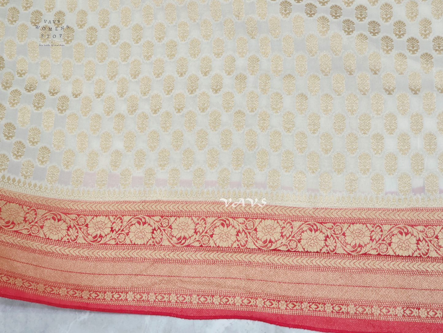 Ivory & Ruby Red Premium Viscose Georgette Saree with Gold Floral Border & Stitched Blouse Size 34–40