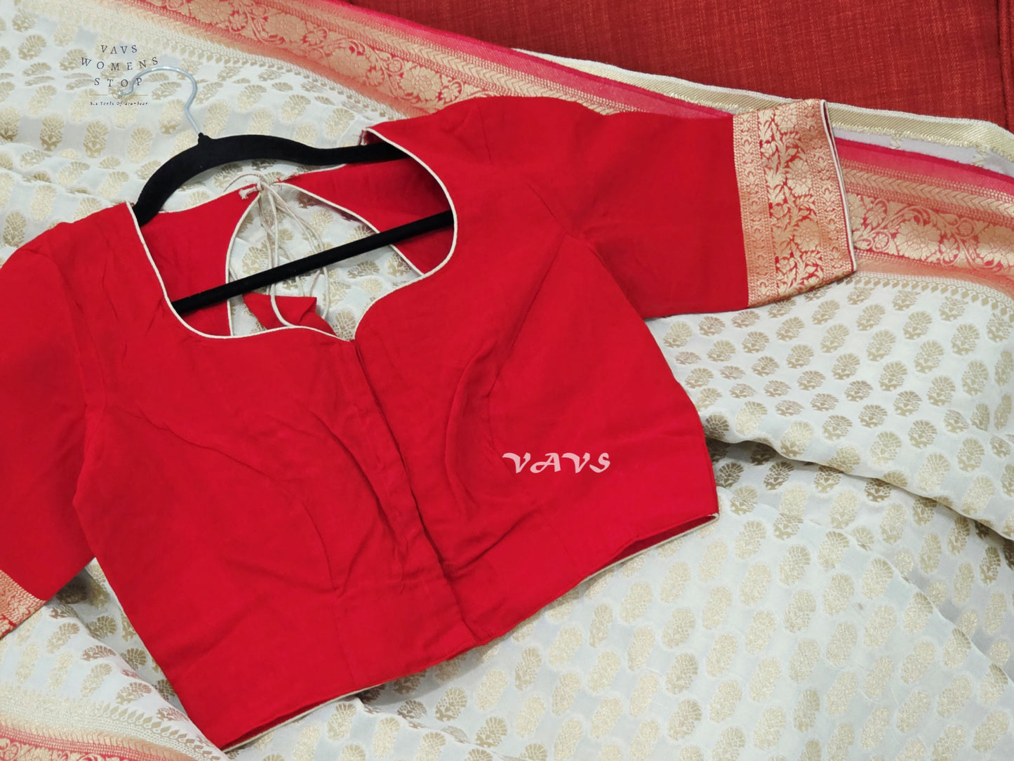 Ivory & Ruby Red Premium Viscose Georgette Saree with Gold Floral Border & Stitched Blouse Size 34–40