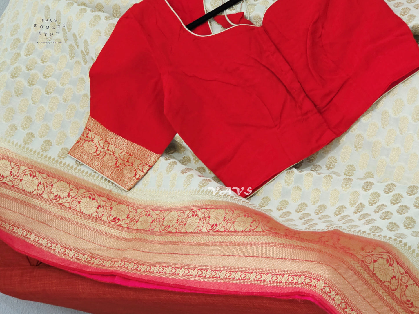 Ivory & Ruby Red Premium Viscose Georgette Saree with Gold Floral Border & Stitched Blouse Size 34–40