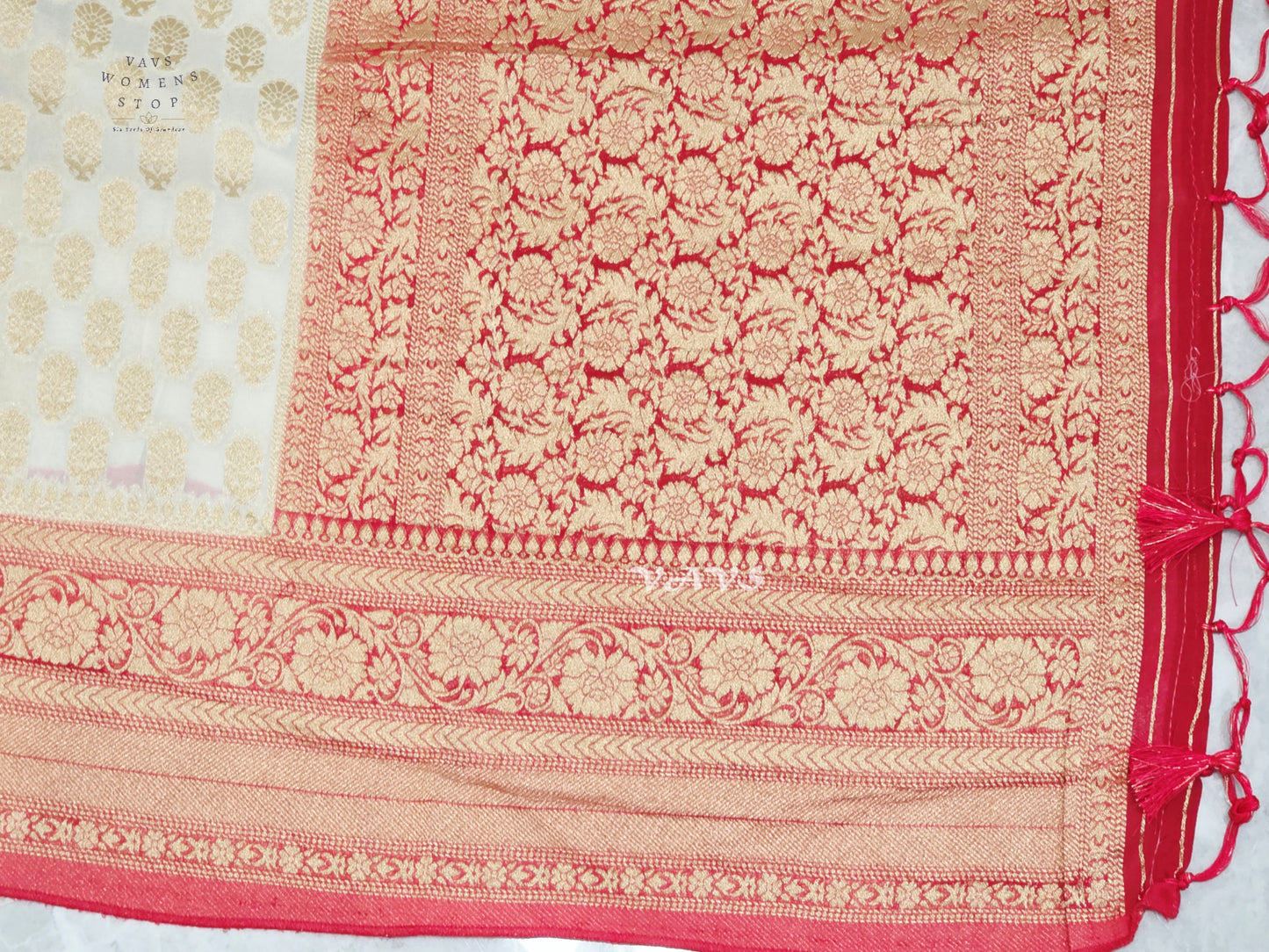 Ivory & Ruby Red Premium Viscose Georgette Saree with Gold Floral Border & Stitched Blouse Size 34–40