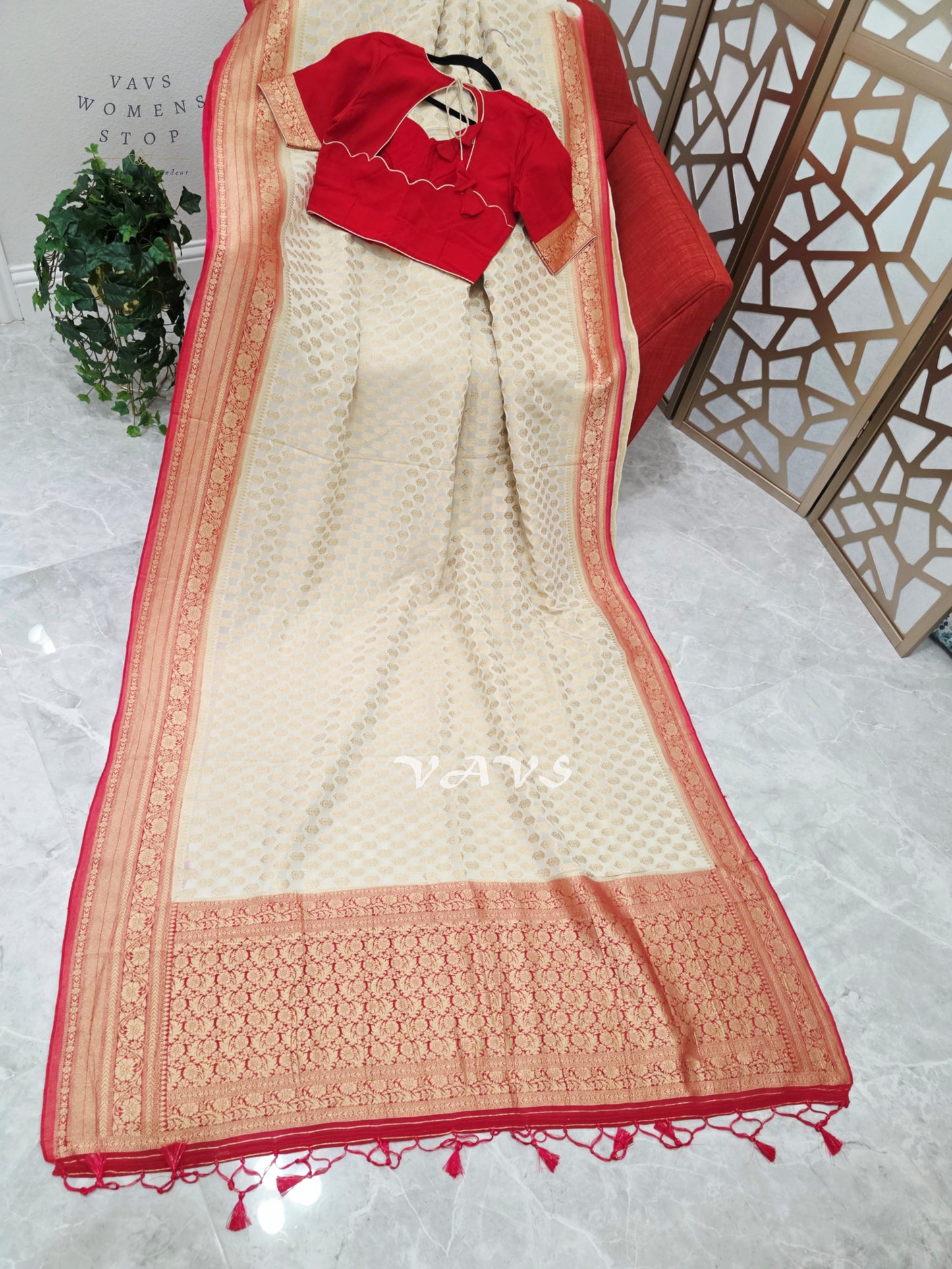 Ivory & Ruby Red Premium Viscose Georgette Saree with Gold Floral Border & Stitched Blouse Size 34–40