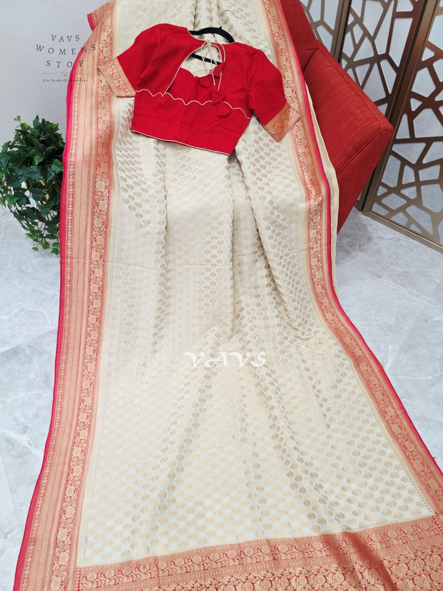 Ivory & Ruby Red Premium Viscose Georgette Saree with Gold Floral Border & Stitched Blouse Size 34–40