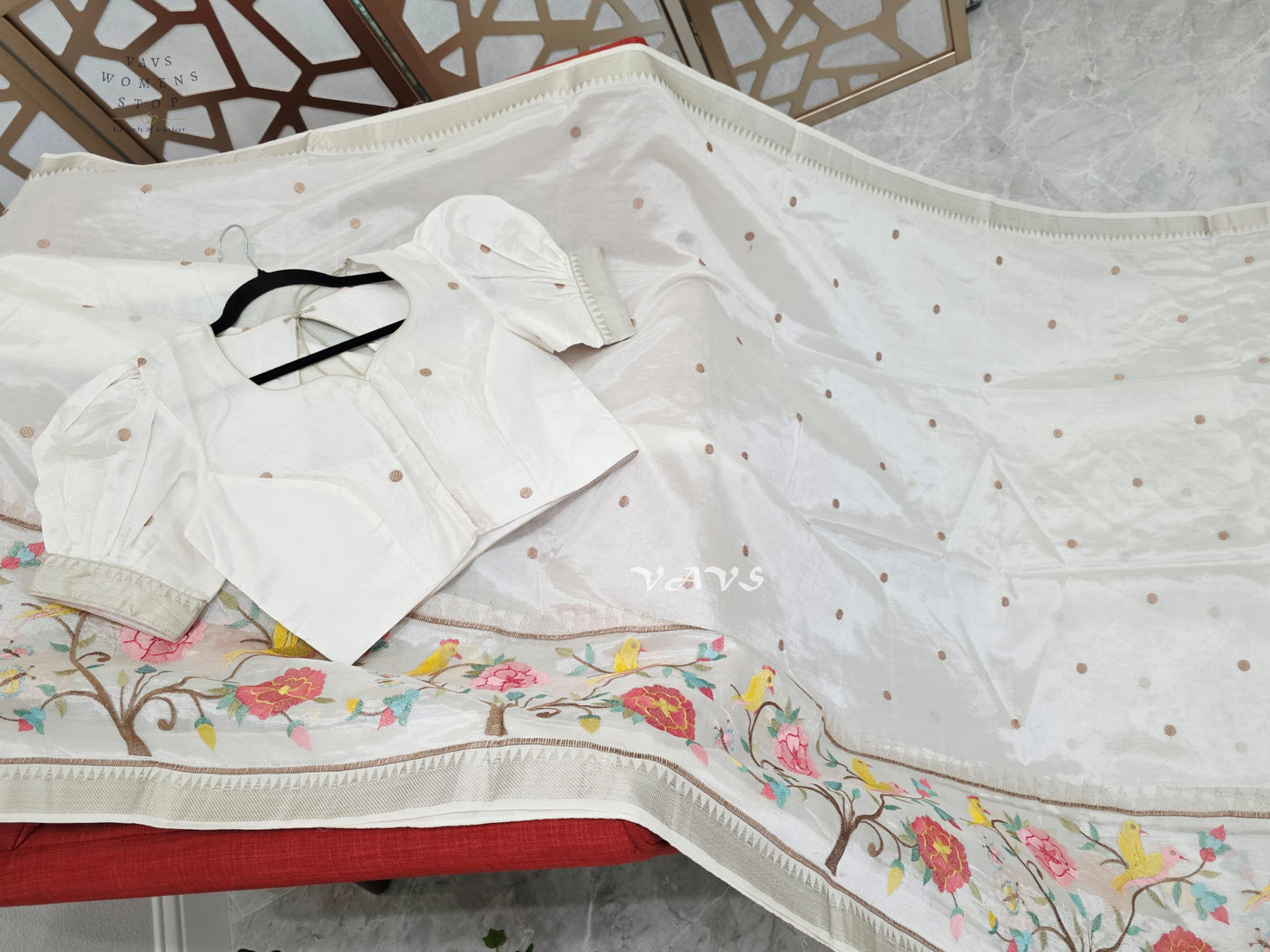 Pearl Ivory Mangalagiri Silk Cotton Handloom Saree with Bird & Floral Embroidery and Stitched Puff Sleeve Blouse Size 38–44
