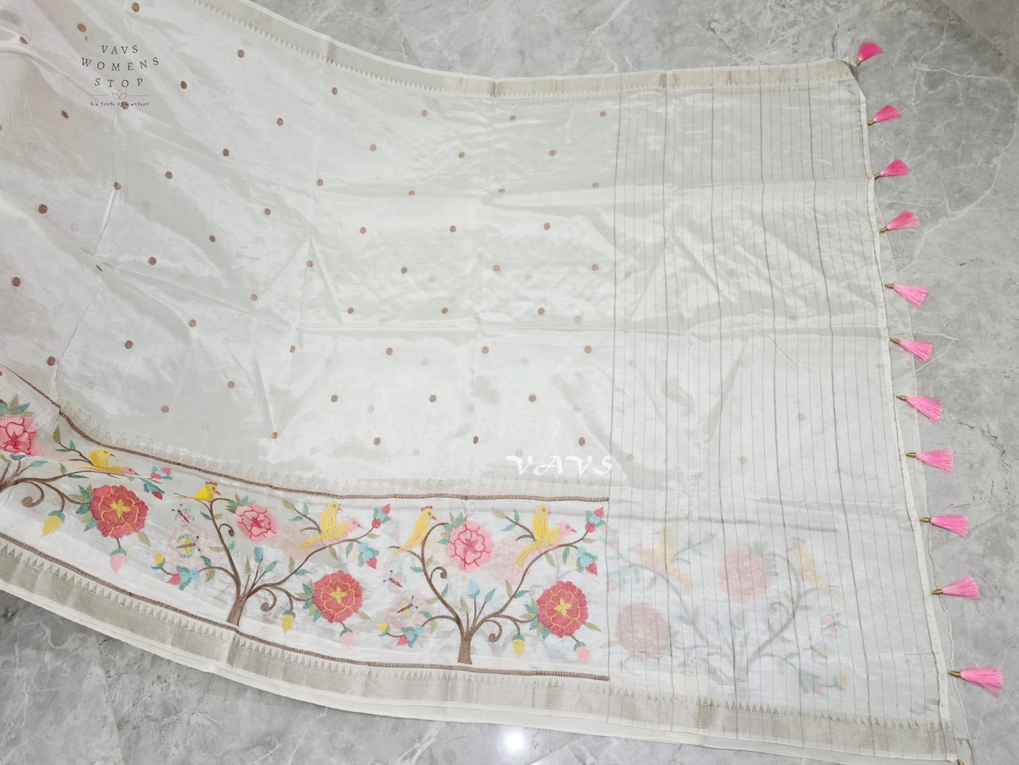 Pearl Ivory Mangalagiri Silk Cotton Handloom Saree with Bird & Floral Embroidery and Stitched Puff Sleeve Blouse Size 38–44