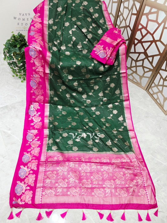 Emerald Green & Rani Pink Semi Warm Benarasi Silk Saree with Floral Border & Unstitched Blouse Piece