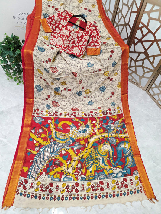 Ivory & Vermilion Red Kalamkari Print Saree with Gold Nizam Border, Peacock Pallu & Stitched Blouse Size 34–40