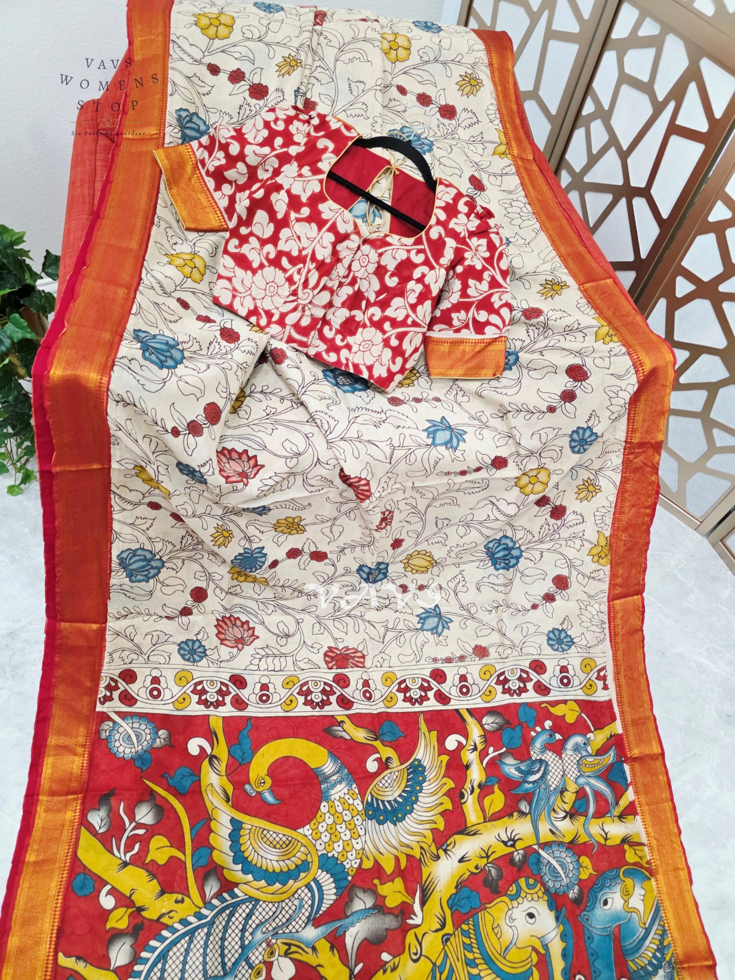 Ivory & Vermilion Red Kalamkari Print Saree with Gold Nizam Border, Peacock Pallu & Stitched Blouse Size 34–40