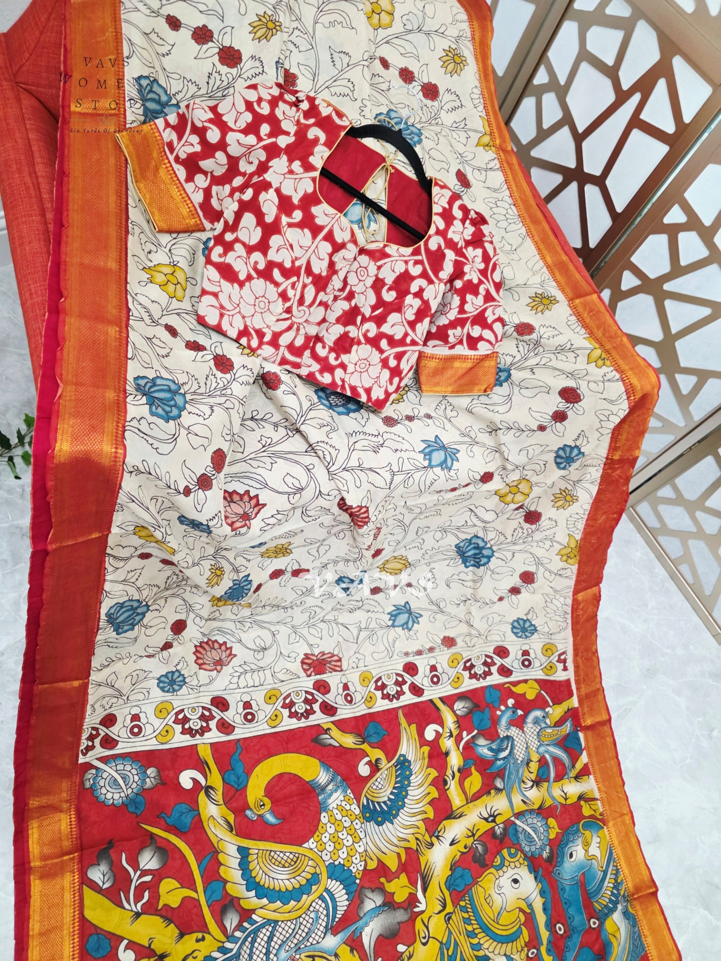 Ivory & Vermilion Red Kalamkari Print Saree with Gold Nizam Border, Peacock Pallu & Stitched Blouse Size 34–40