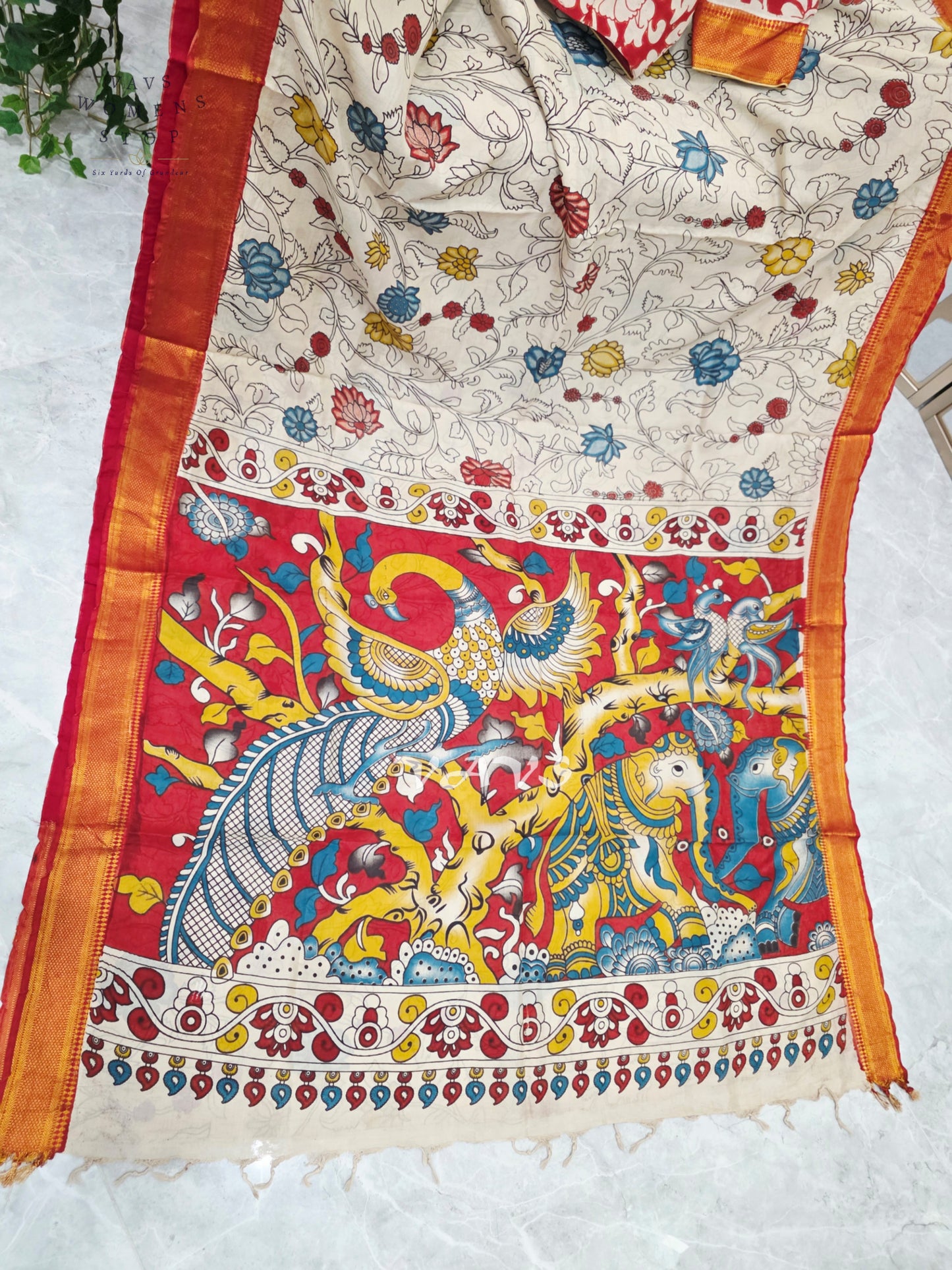 Ivory & Vermilion Red Kalamkari Print Saree with Gold Nizam Border, Peacock Pallu & Stitched Blouse Size 34–40