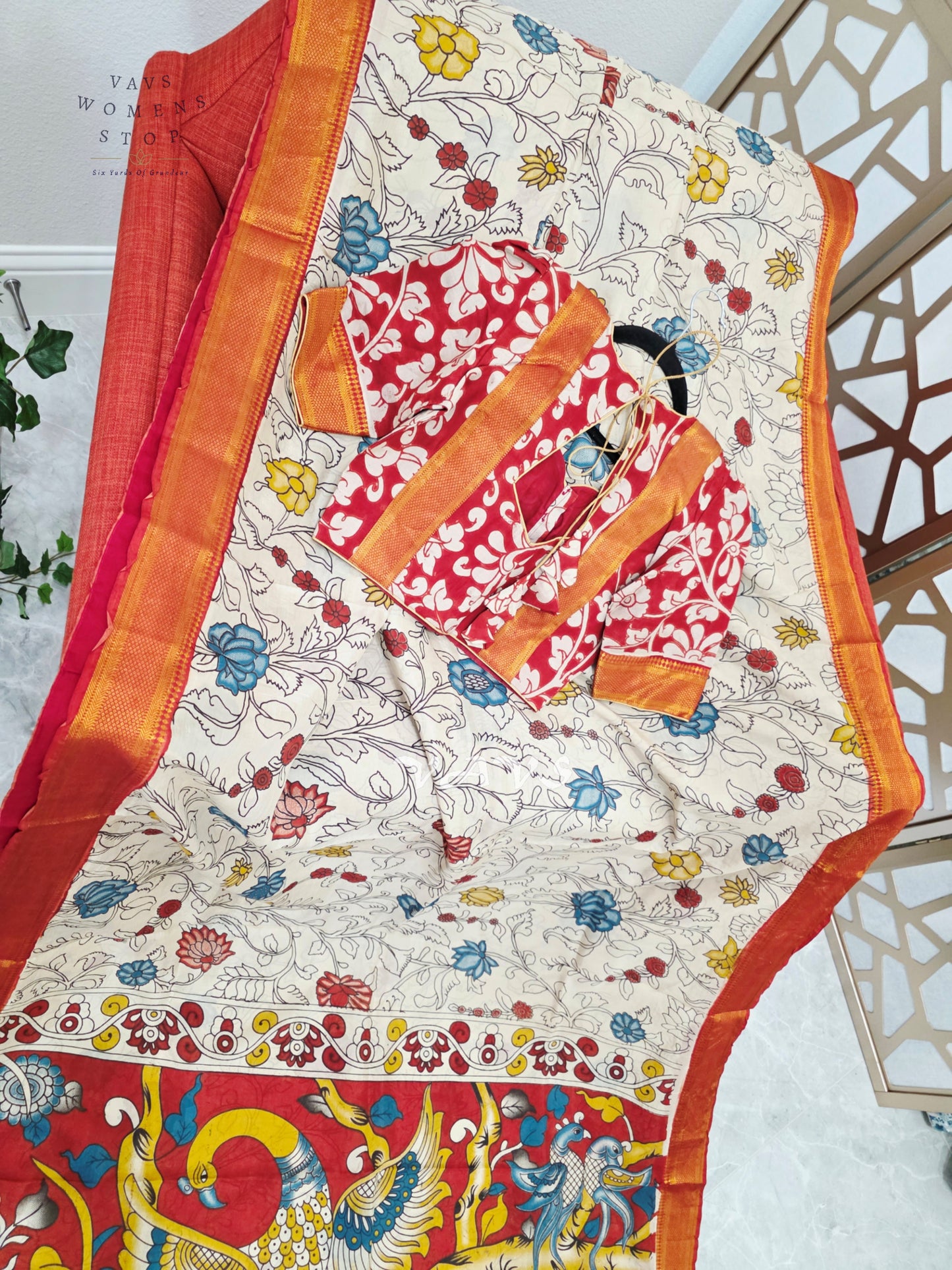 Ivory & Vermilion Red Kalamkari Print Saree with Gold Nizam Border, Peacock Pallu & Stitched Blouse Size 34–40