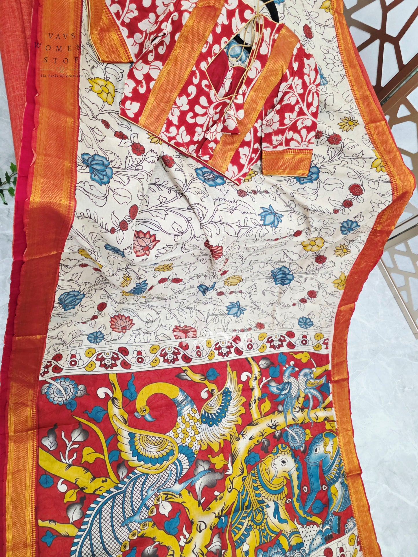 Ivory & Vermilion Red Kalamkari Print Saree with Gold Nizam Border, Peacock Pallu & Stitched Blouse Size 34–40