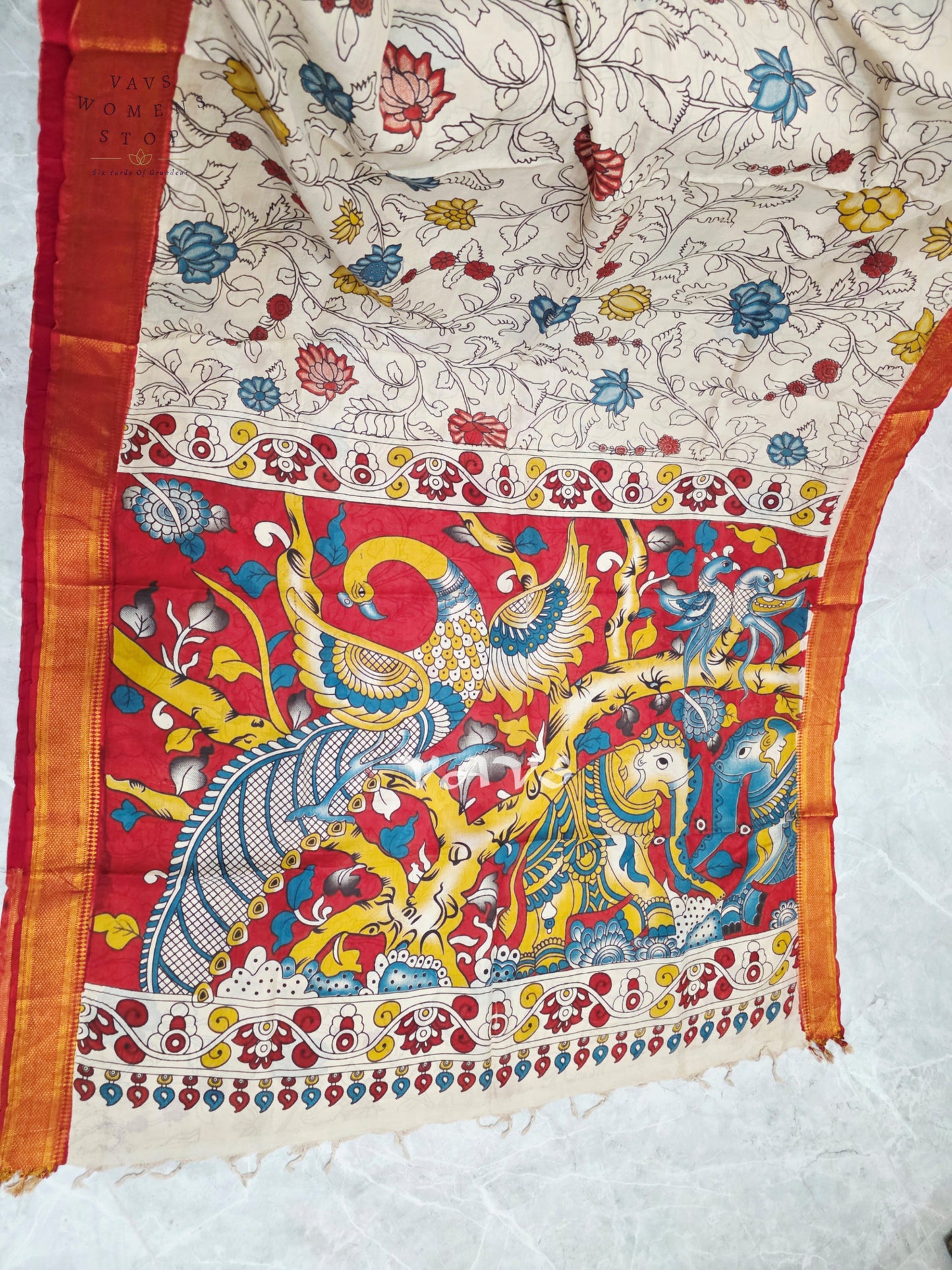 Ivory & Vermilion Red Kalamkari Print Saree with Gold Nizam Border, Peacock Pallu & Stitched Blouse Size 34–40