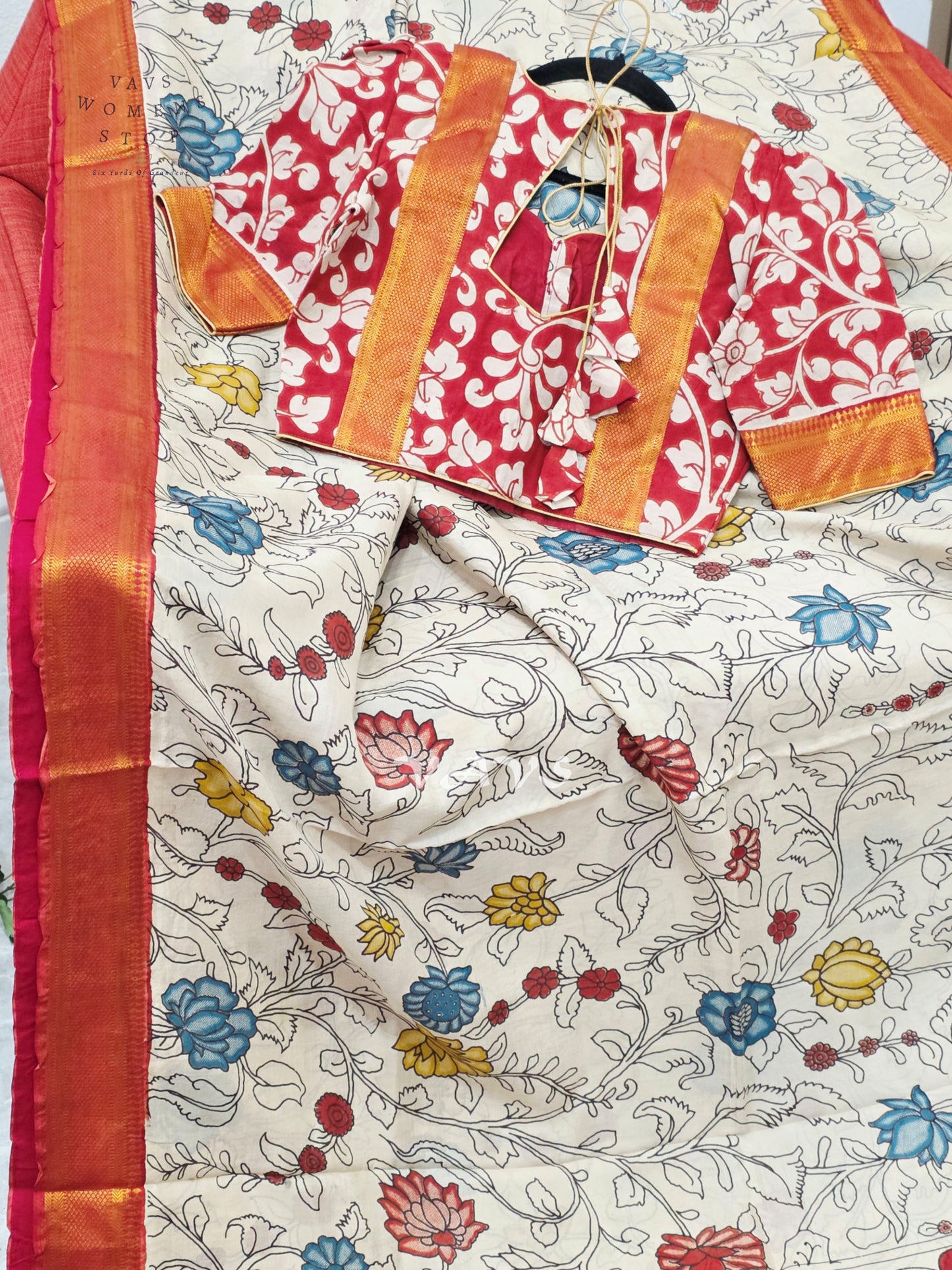 Ivory & Vermilion Red Kalamkari Print Saree with Gold Nizam Border, Peacock Pallu & Stitched Blouse Size 34–40