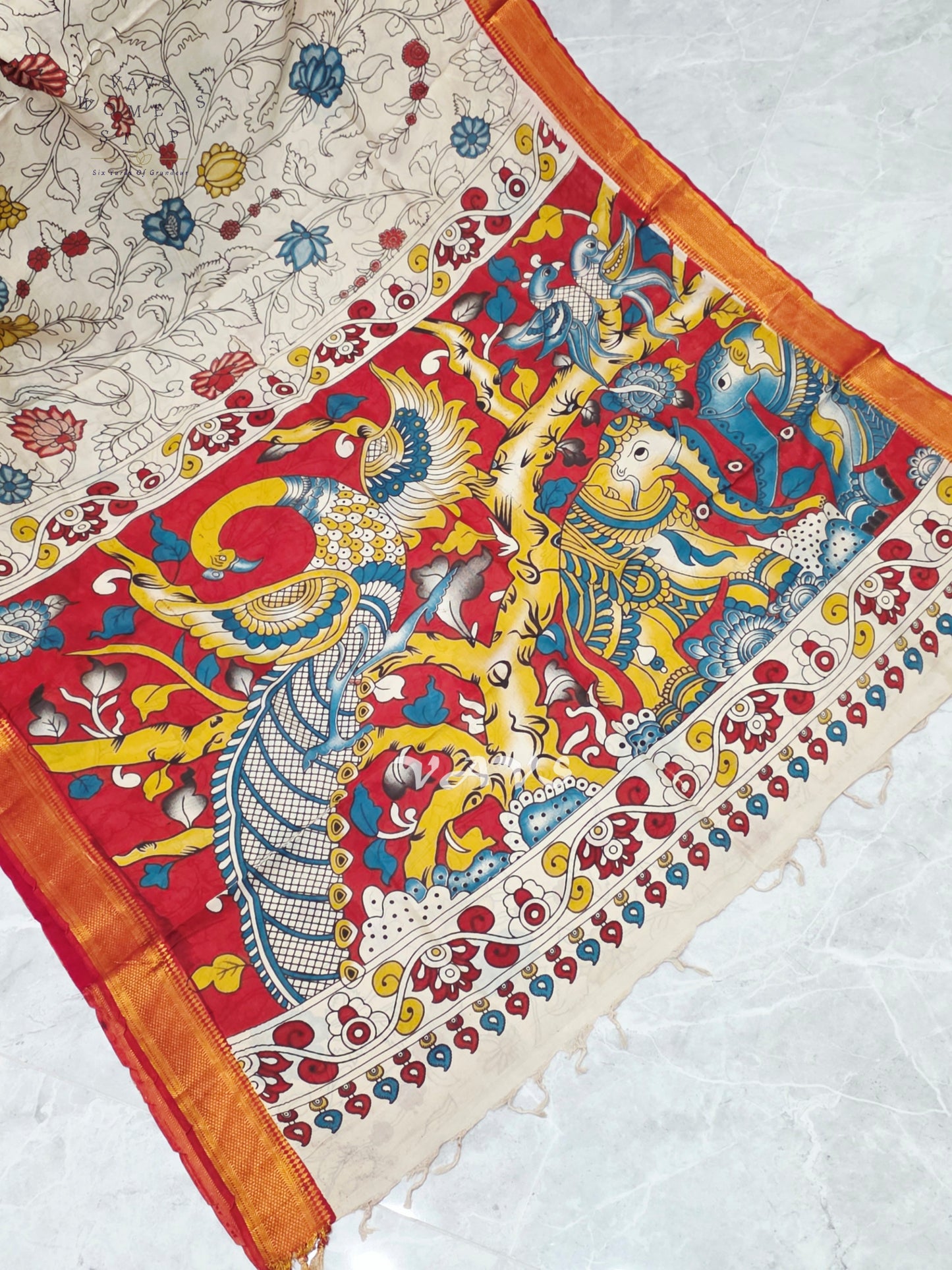 Ivory & Vermilion Red Kalamkari Print Saree with Gold Nizam Border, Peacock Pallu & Stitched Blouse Size 34–40