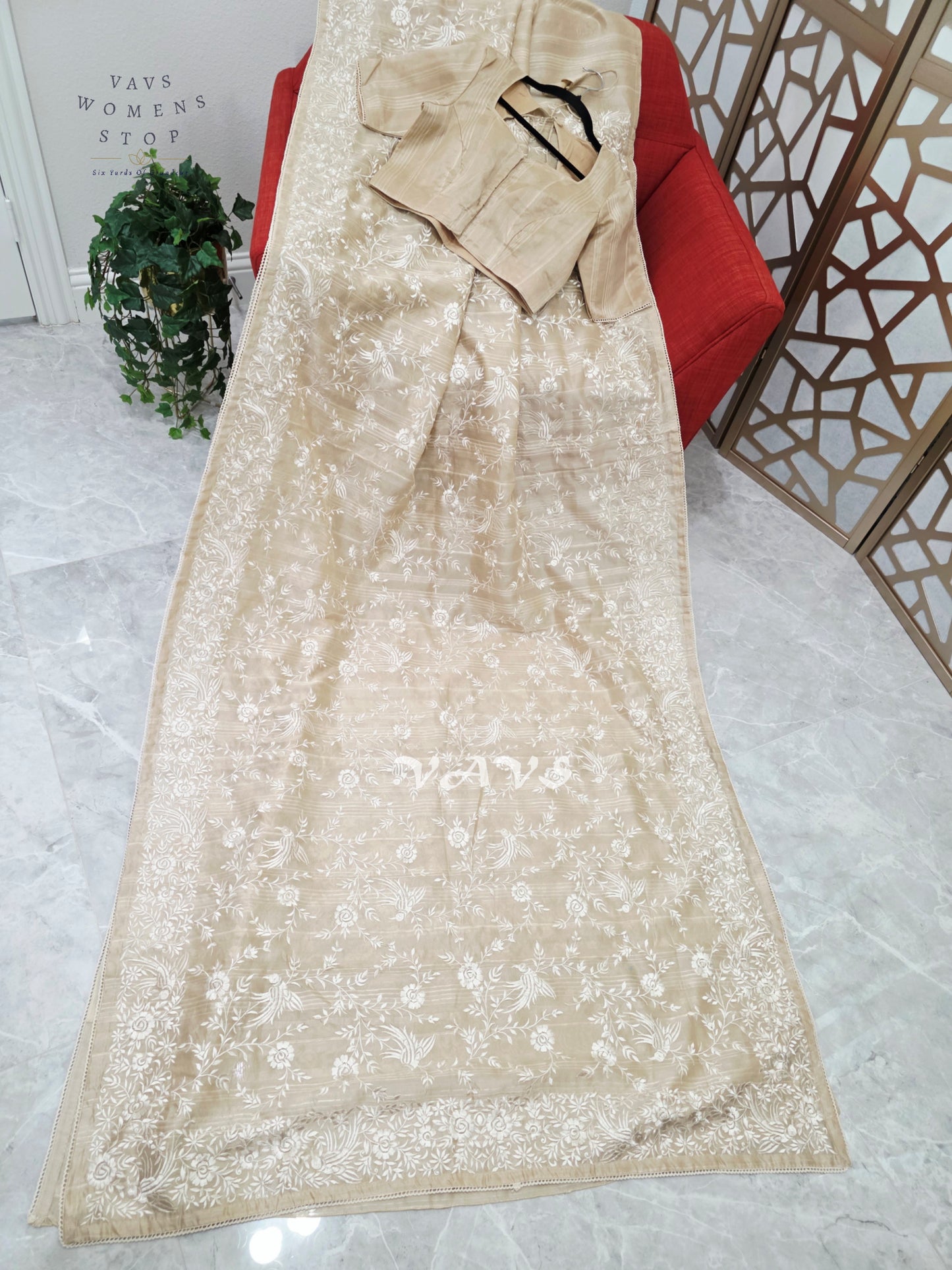 Champagne Beige Parsi Gara-Style Machine Embroidered Jute Tussar-Style Saree & Stitched Blouse Size 38, Extendable to 44