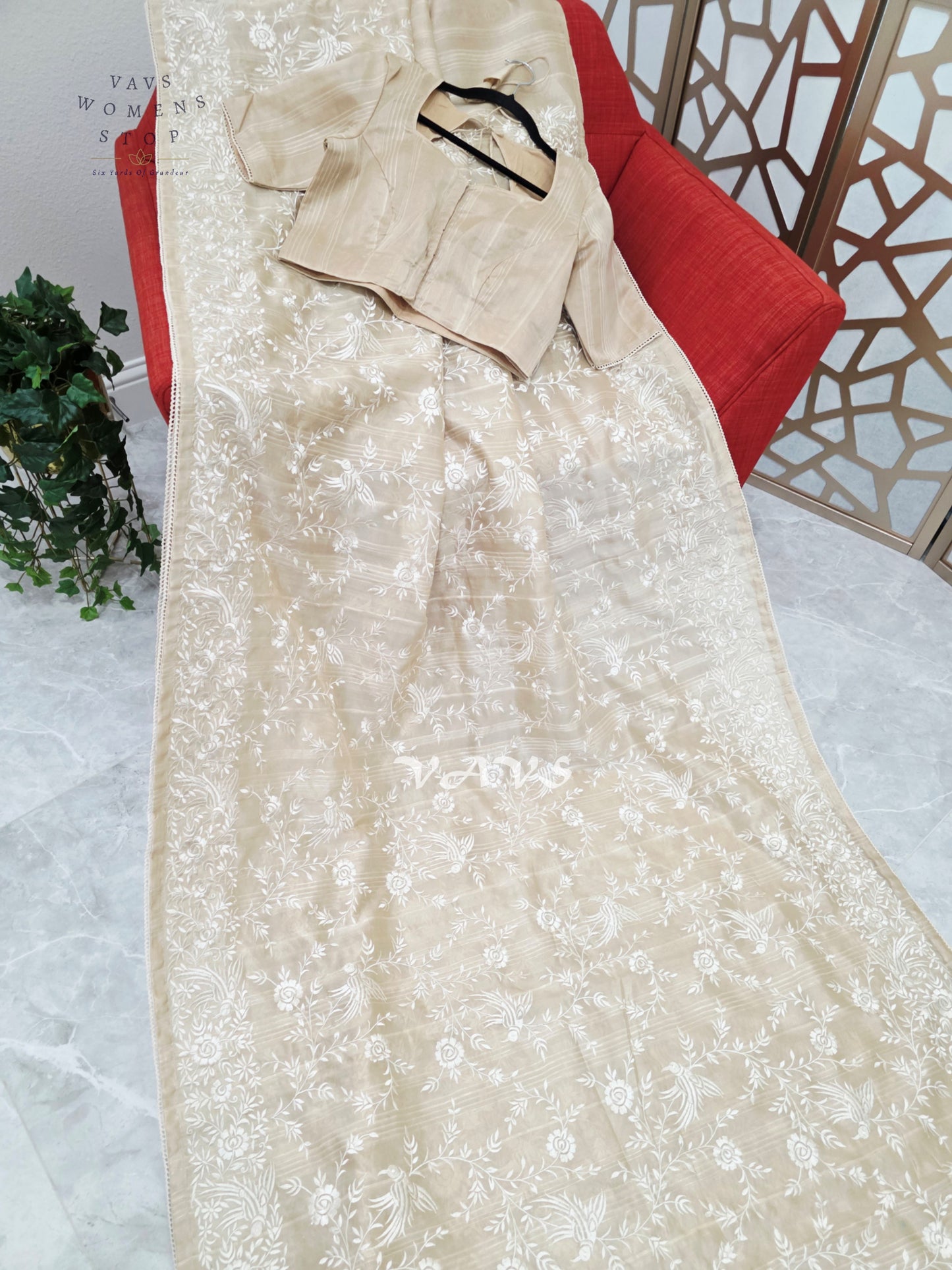Champagne Beige Parsi Gara-Style Machine Embroidered Jute Tussar-Style Saree & Stitched Blouse Size 38, Extendable to 44