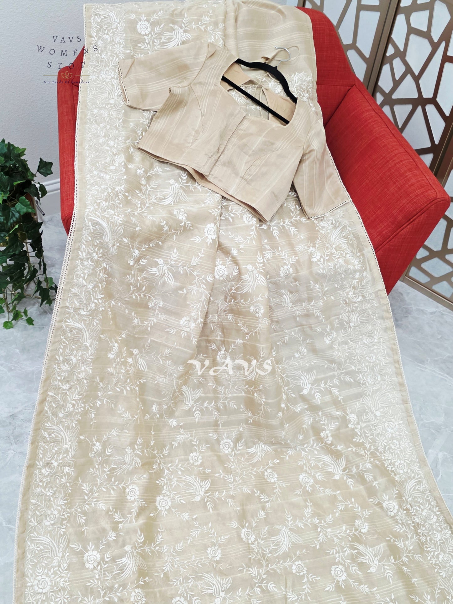 Champagne Beige Parsi Gara-Style Machine Embroidered Jute Tussar-Style Saree & Stitched Blouse Size 38, Extendable to 44