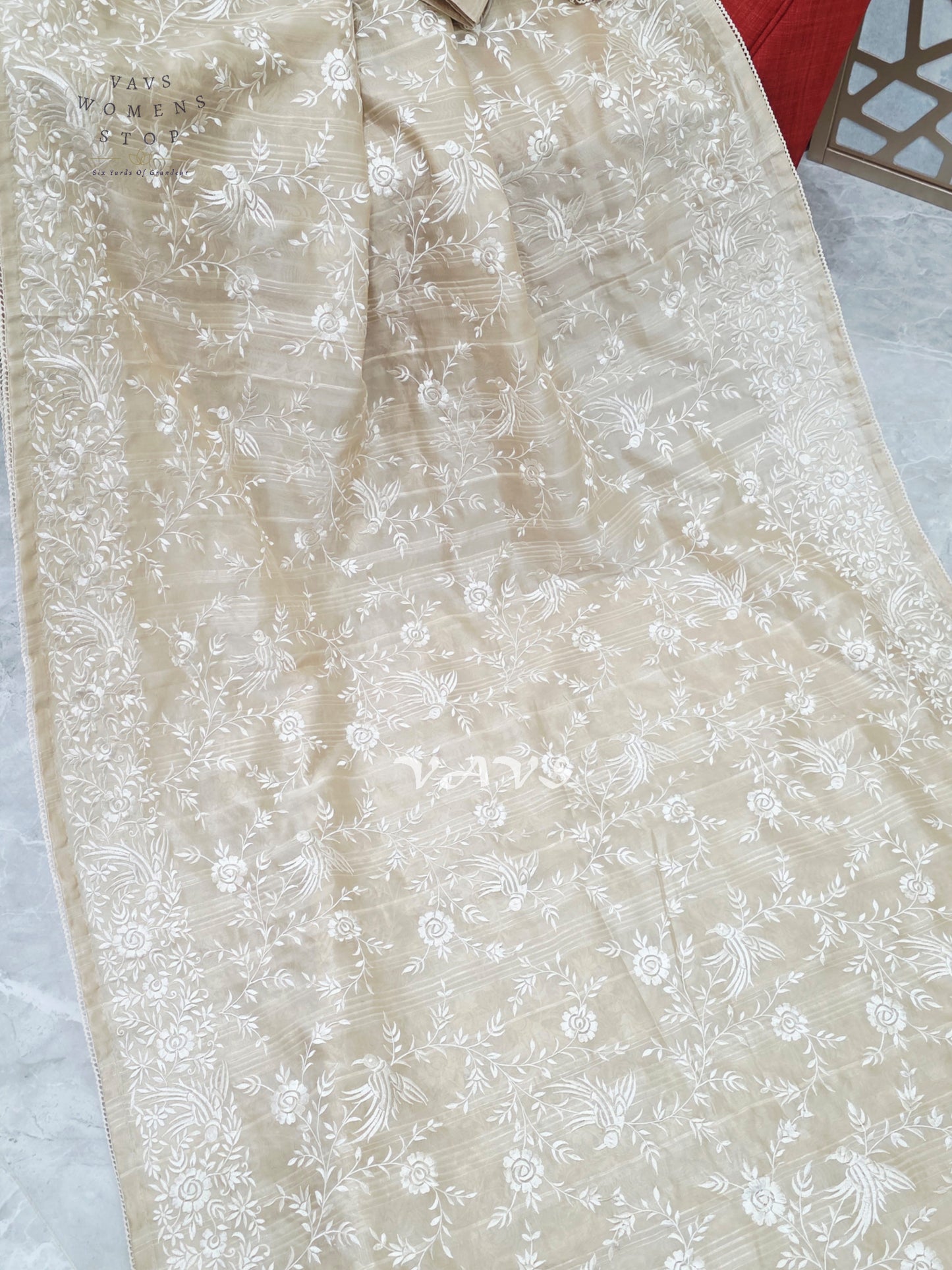 Champagne Beige Parsi Gara-Style Machine Embroidered Jute Tussar-Style Saree & Stitched Blouse Size 38, Extendable to 44