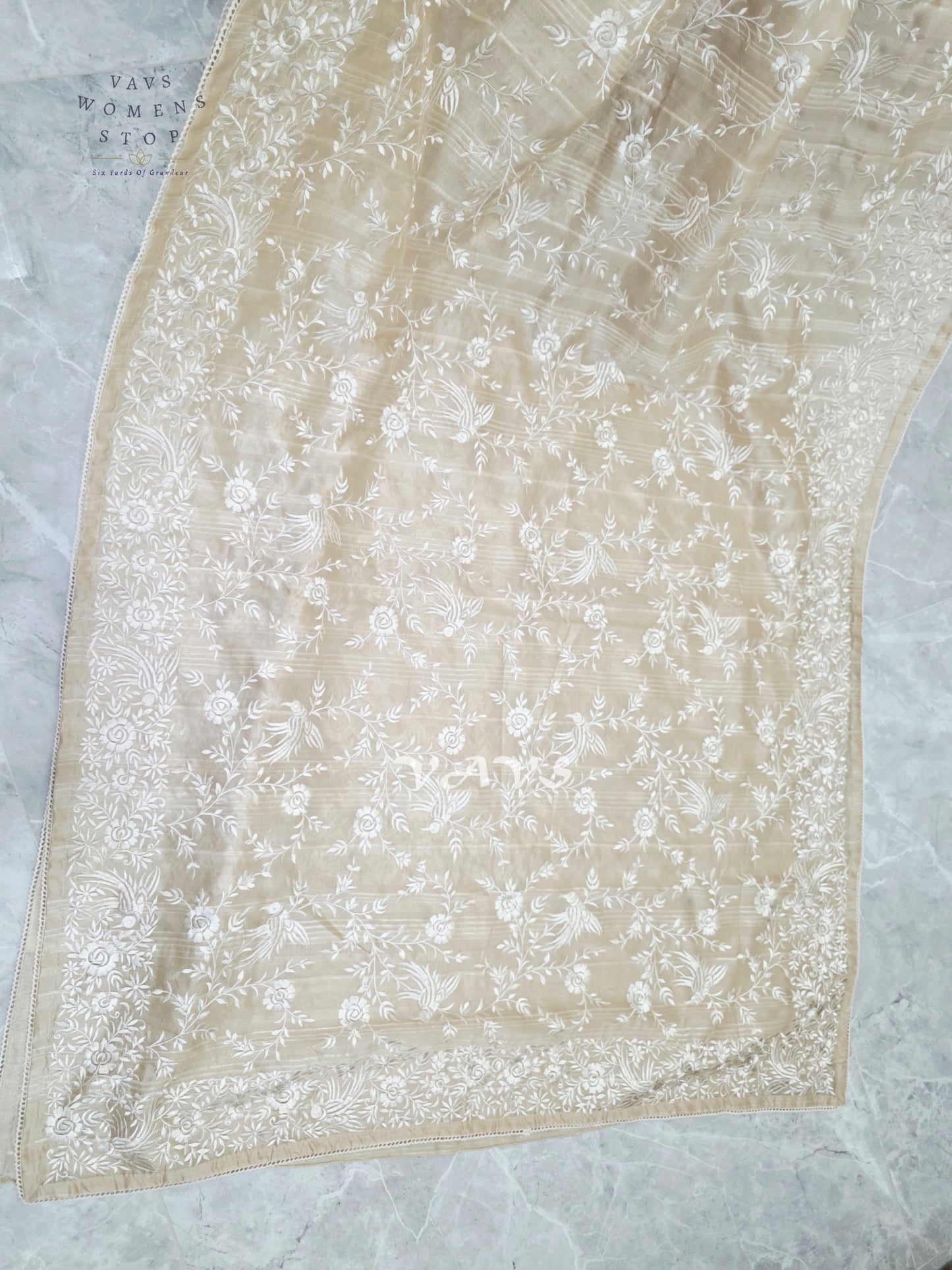 Champagne Beige Parsi Gara-Style Machine Embroidered Jute Tussar-Style Saree & Stitched Blouse Size 38, Extendable to 44