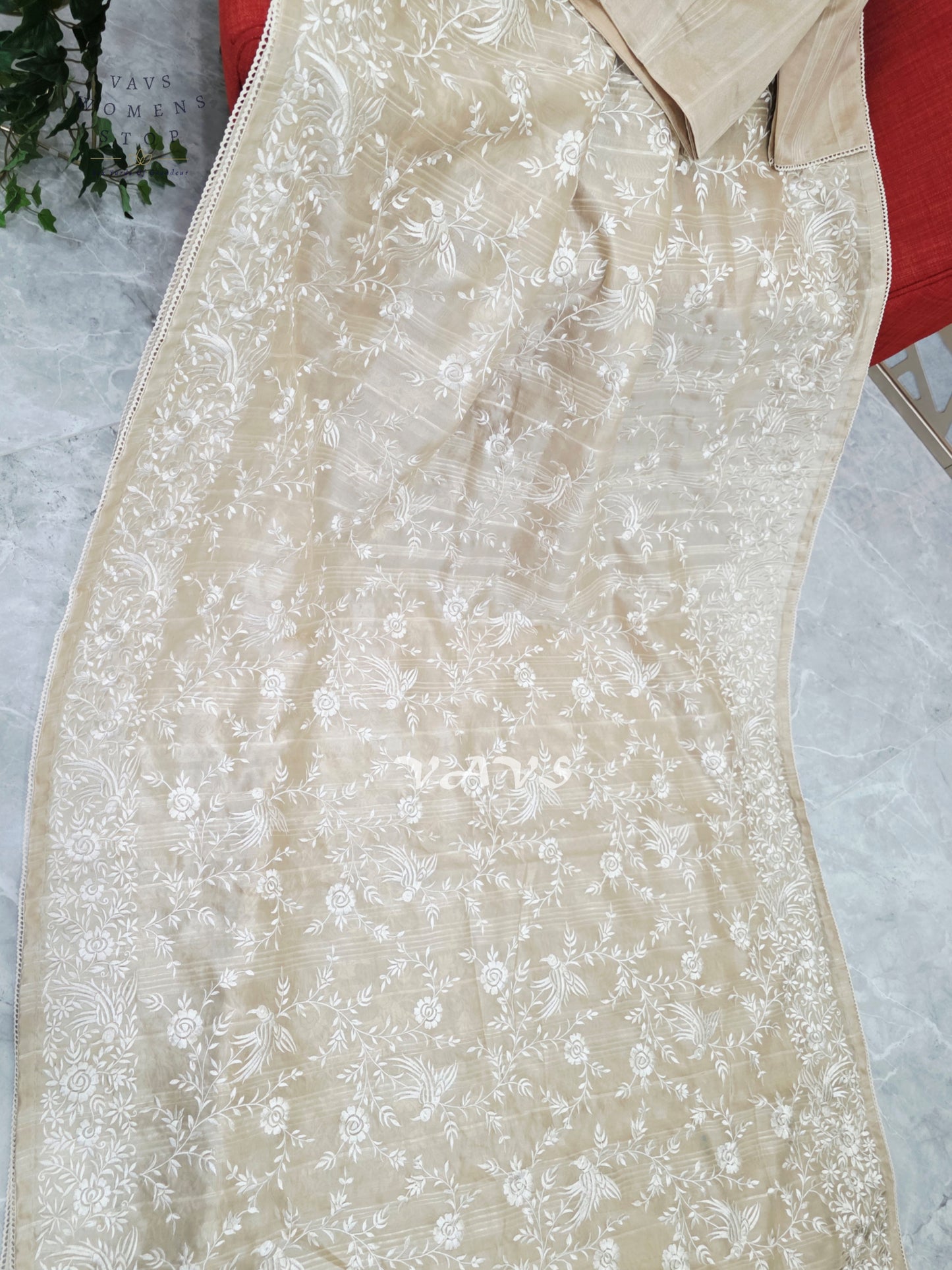 Champagne Beige Parsi Gara-Style Machine Embroidered Jute Tussar-Style Saree & Stitched Blouse Size 38, Extendable to 44