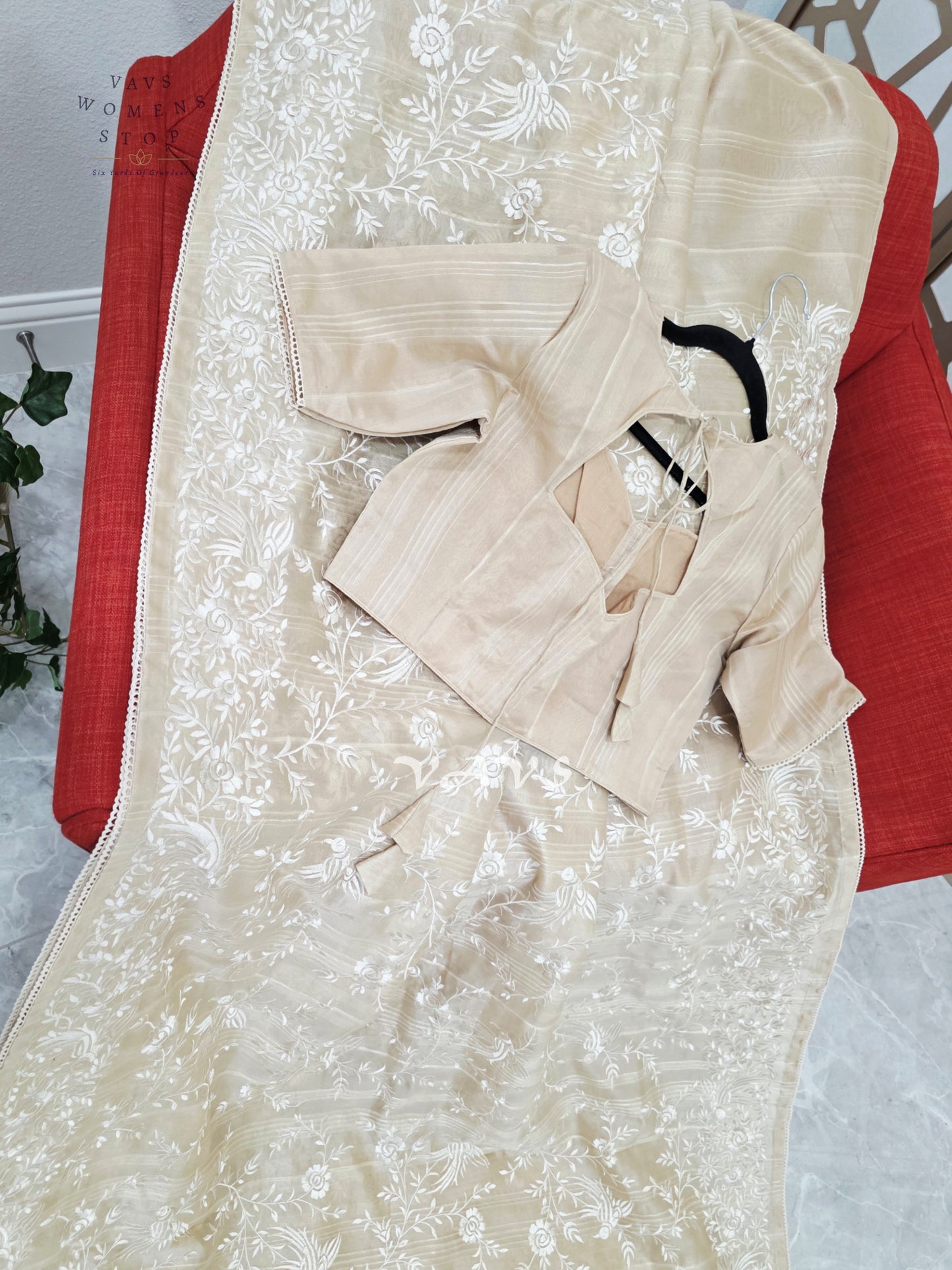 Champagne Beige Parsi Gara-Style Machine Embroidered Jute Tussar-Style Saree & Stitched Blouse Size 38, Extendable to 44