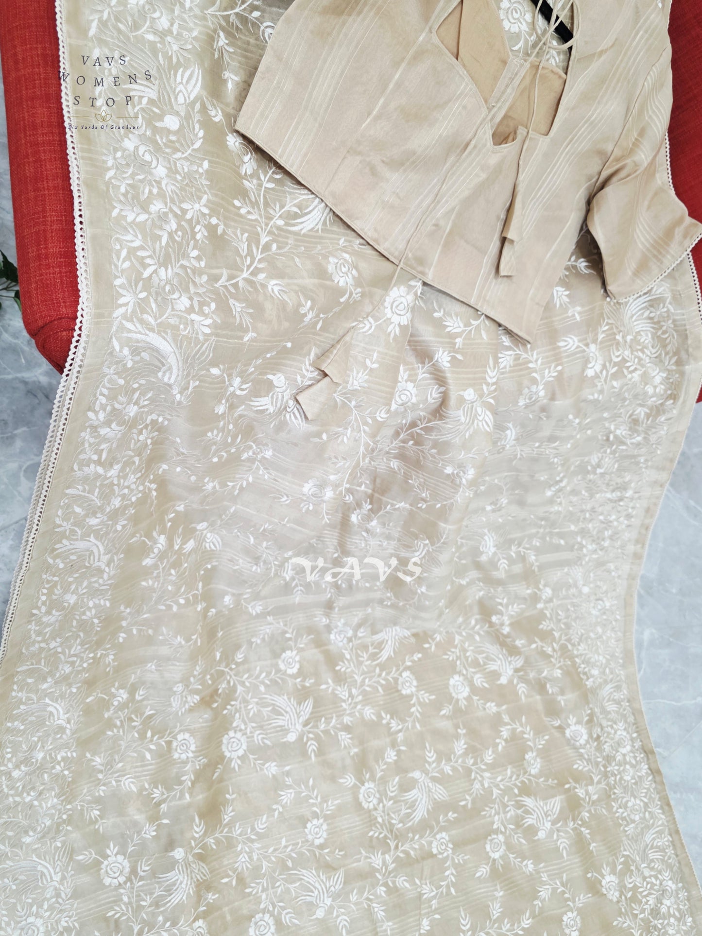 Champagne Beige Parsi Gara-Style Machine Embroidered Jute Tussar-Style Saree & Stitched Blouse Size 38, Extendable to 44