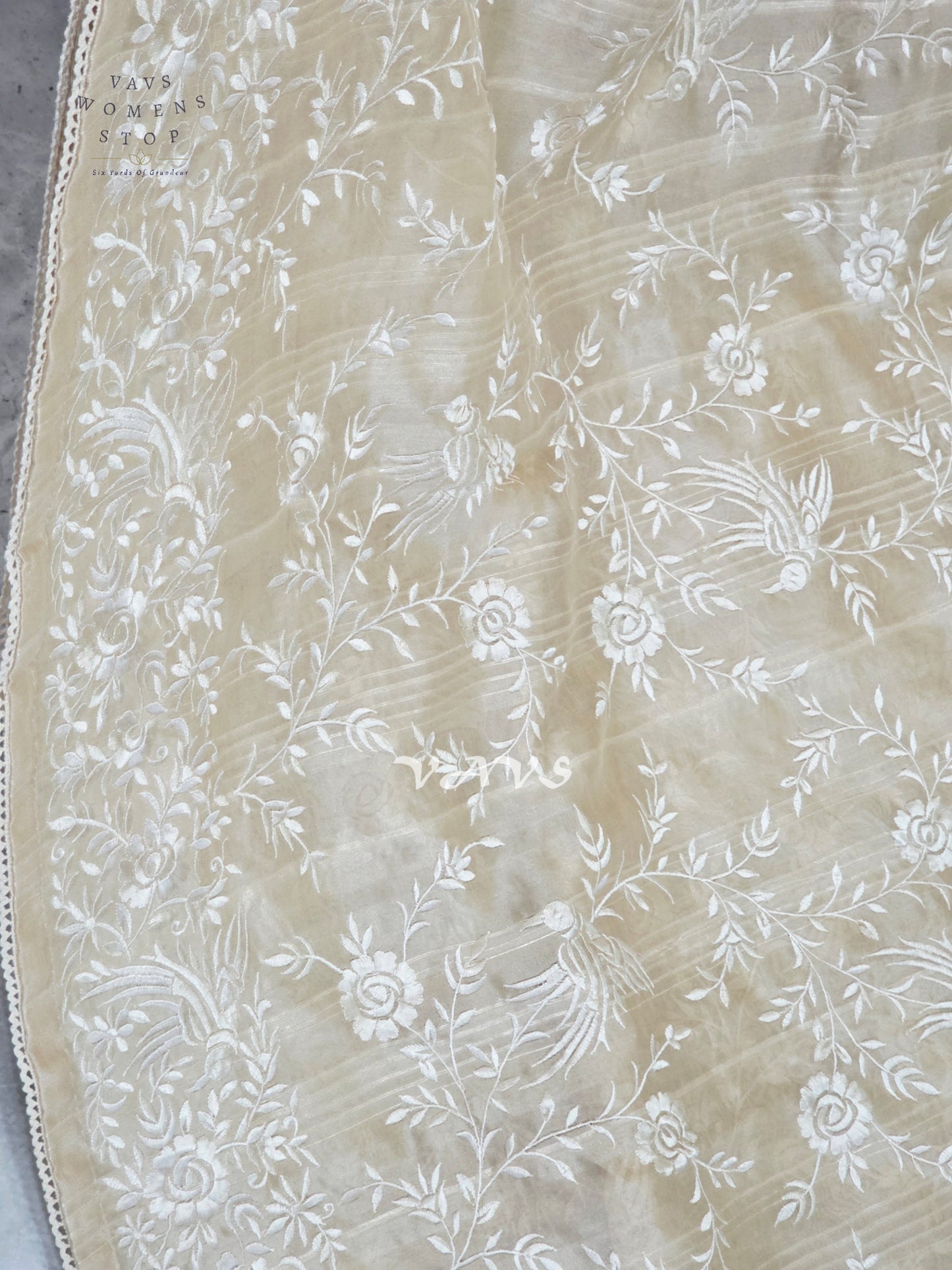 Champagne Beige Parsi Gara-Style Machine Embroidered Jute Tussar-Style Saree & Stitched Blouse Size 38, Extendable to 44