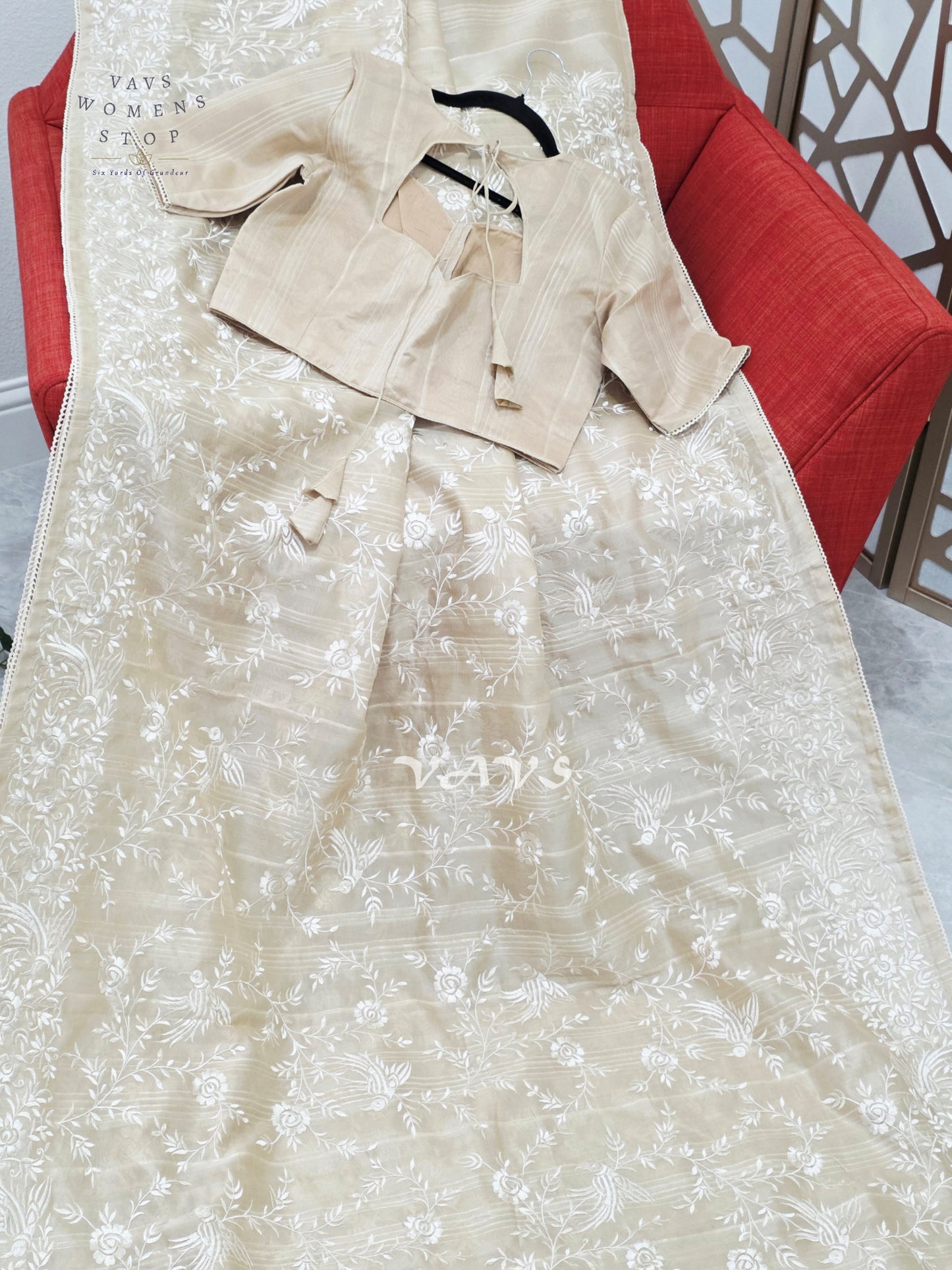 Champagne Beige Parsi Gara-Style Machine Embroidered Jute Tussar-Style Saree & Stitched Blouse Size 38, Extendable to 44