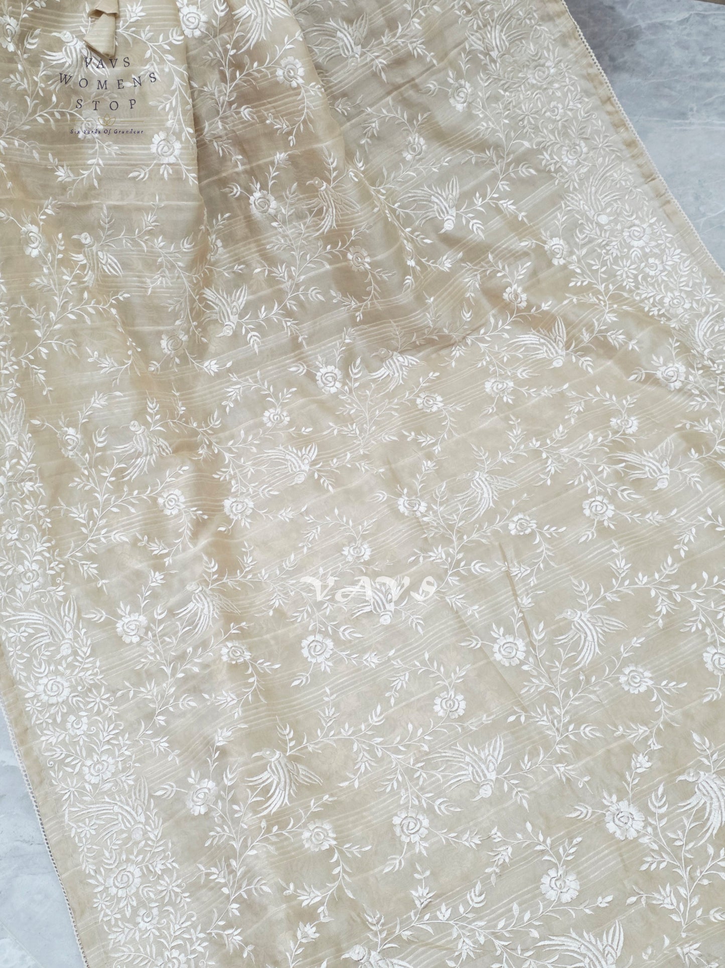 Champagne Beige Parsi Gara-Style Machine Embroidered Jute Tussar-Style Saree & Stitched Blouse Size 38, Extendable to 44
