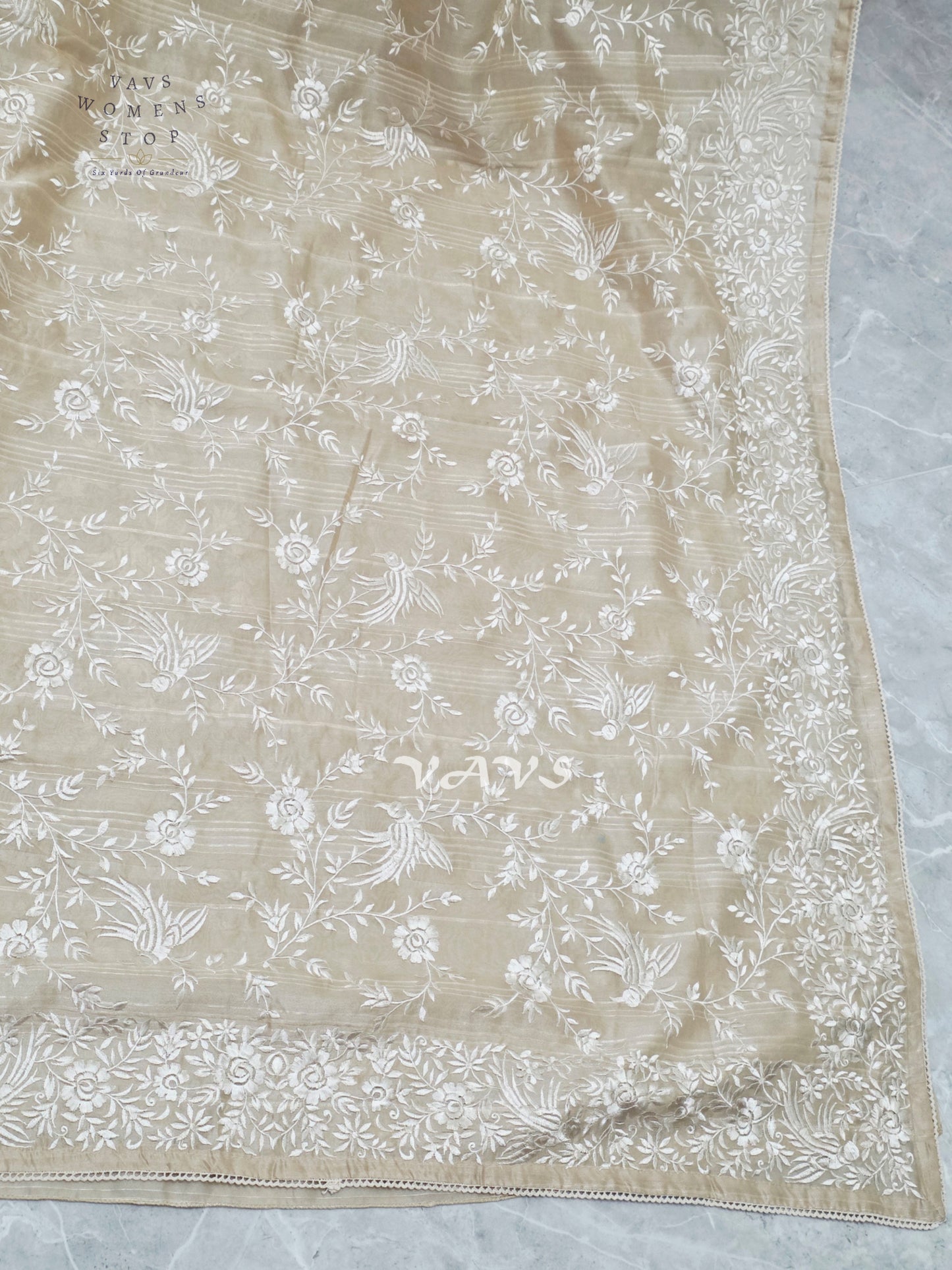 Champagne Beige Parsi Gara-Style Machine Embroidered Jute Tussar-Style Saree & Stitched Blouse Size 38, Extendable to 44