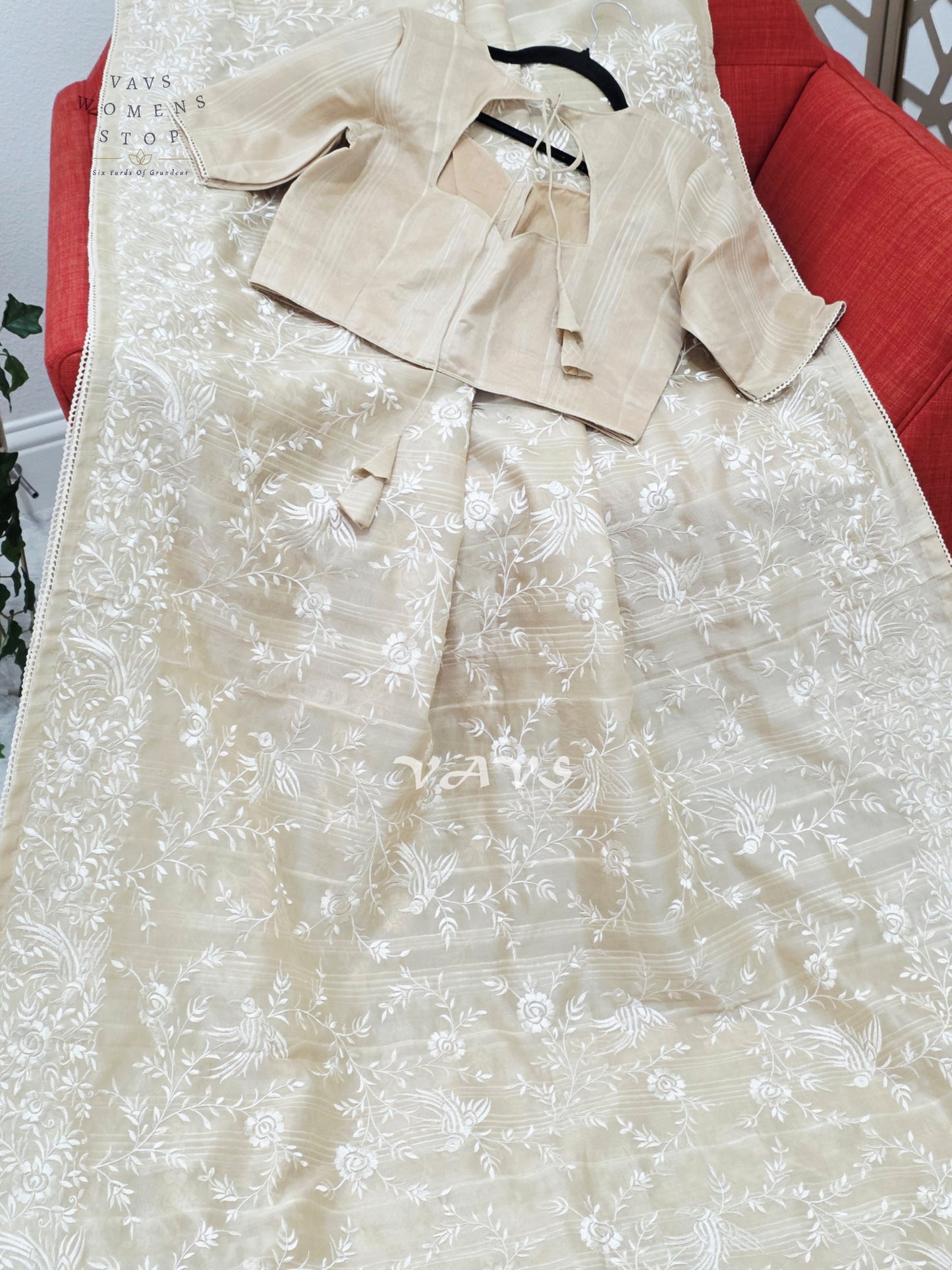 Champagne Beige Parsi Gara-Style Machine Embroidered Jute Tussar-Style Saree & Stitched Blouse Size 38, Extendable to 44
