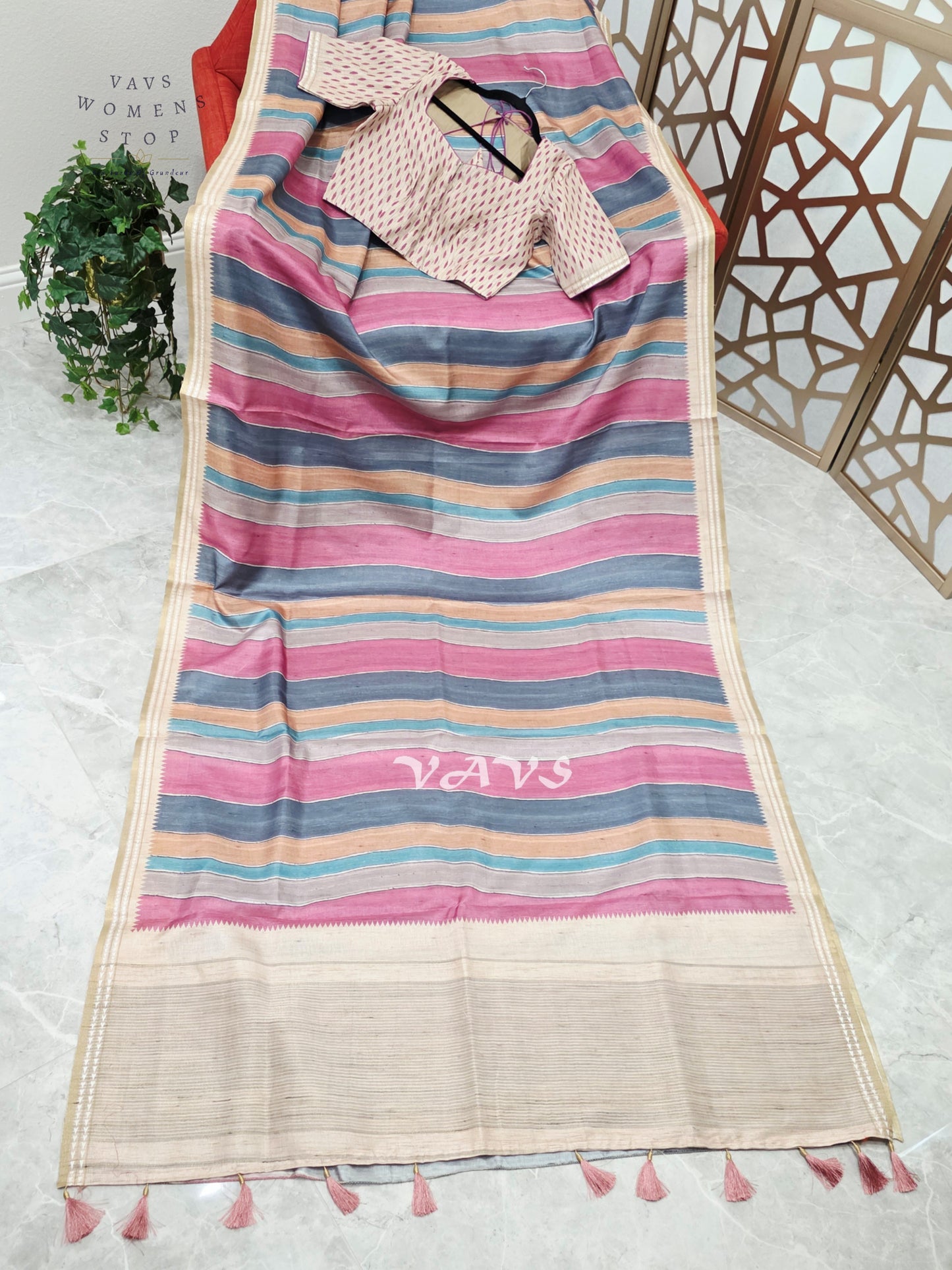 Dusty Rose & Slate Blue Jute Silk Striped Saree with Ivory Stitched Blouse Size 36, Extendable to 42