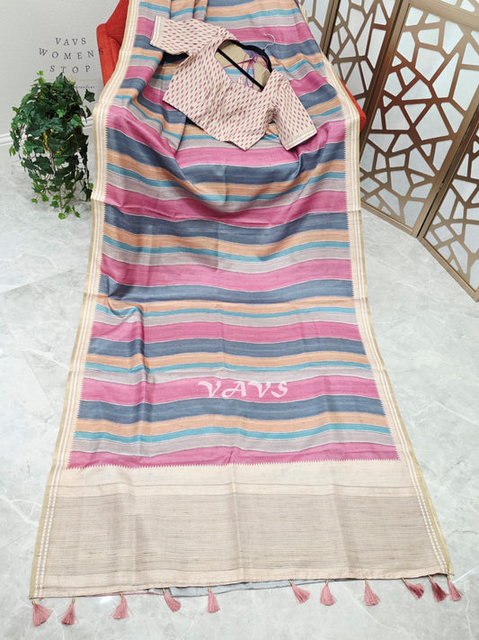 Dusty Rose & Slate Blue Jute Silk Striped Saree with Ivory Stitched Blouse Size 36, Extendable to 42