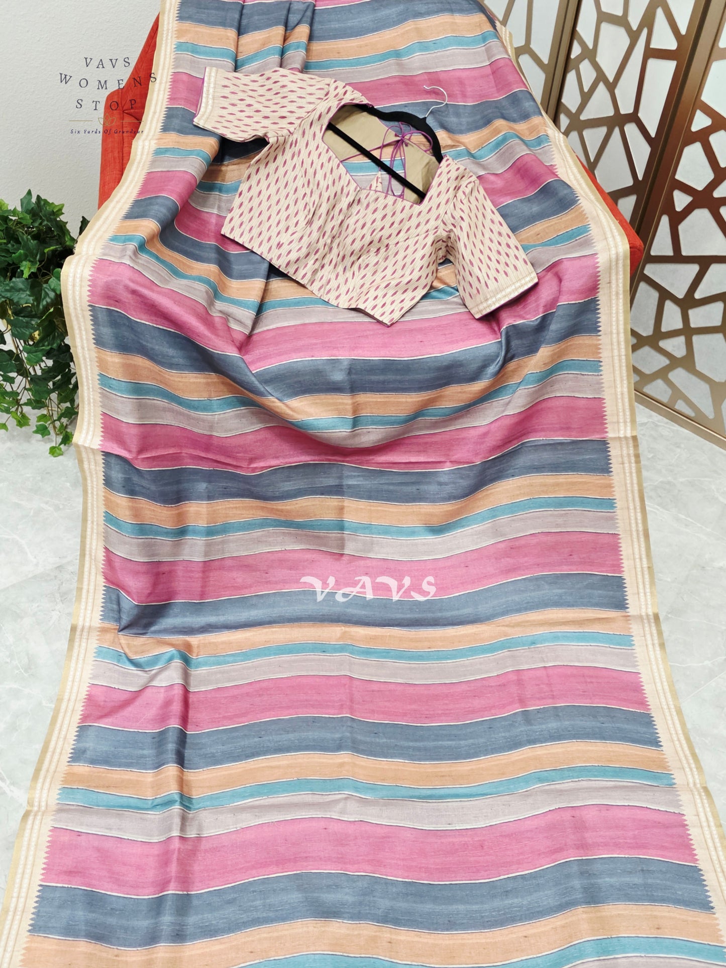 Dusty Rose & Slate Blue Jute Silk Striped Saree with Ivory Stitched Blouse Size 36, Extendable to 42