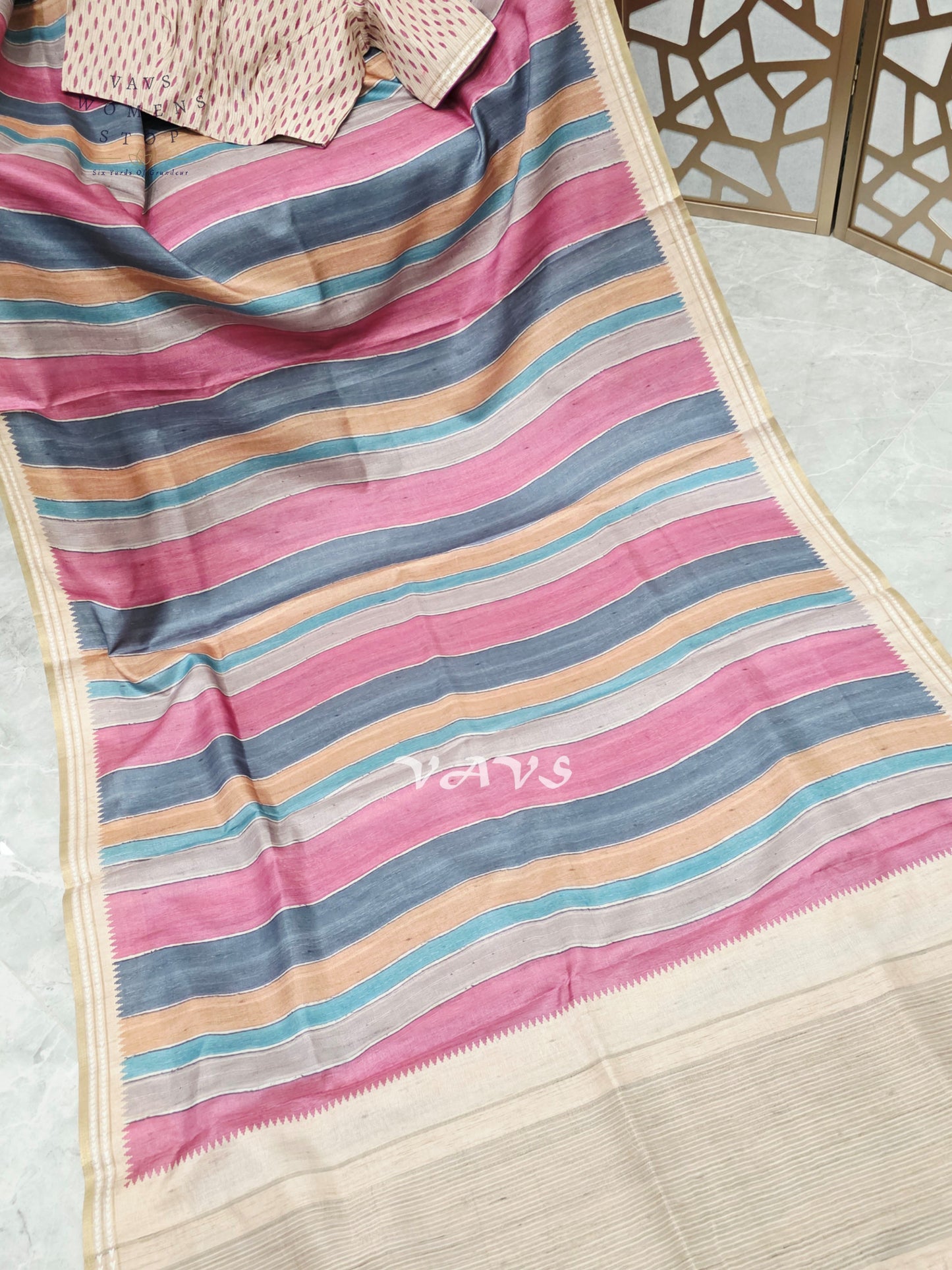 Dusty Rose & Slate Blue Jute Silk Striped Saree with Ivory Stitched Blouse Size 36, Extendable to 42