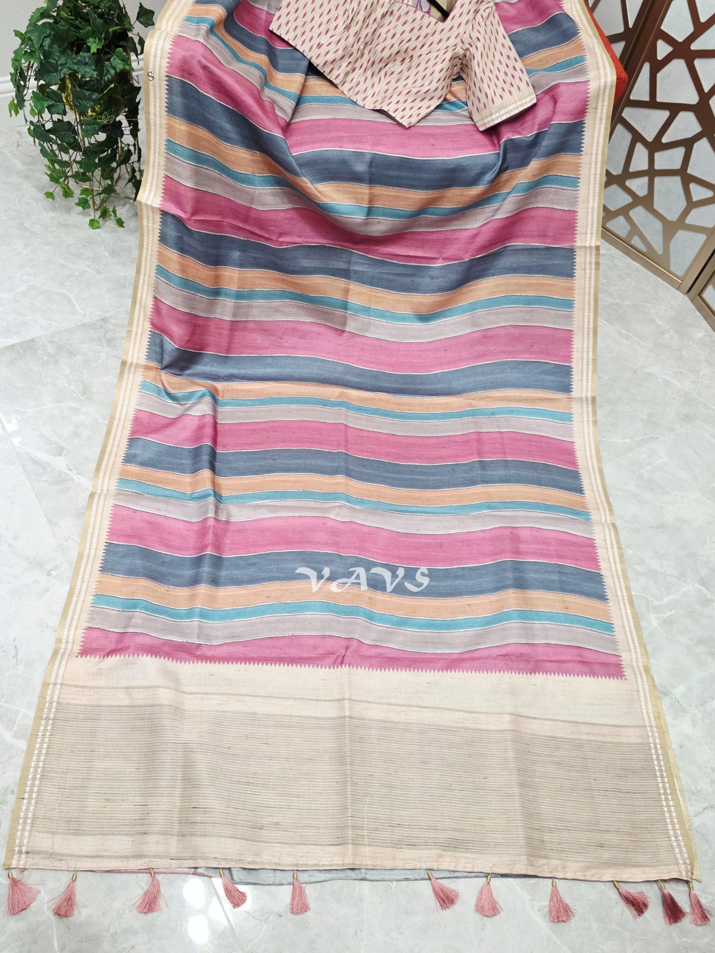 Dusty Rose & Slate Blue Jute Silk Striped Saree with Ivory Stitched Blouse Size 36, Extendable to 42