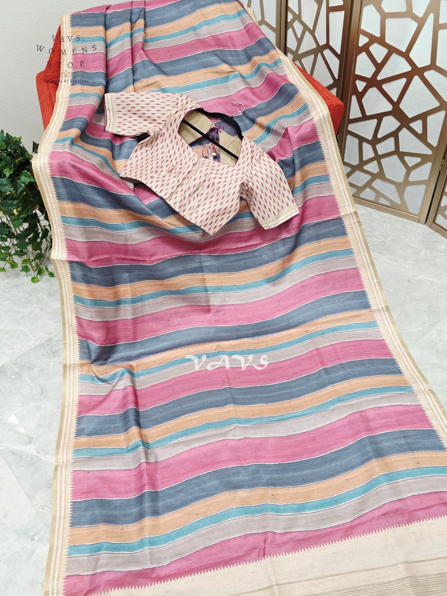 Dusty Rose & Slate Blue Jute Silk Striped Saree with Ivory Stitched Blouse Size 36, Extendable to 42