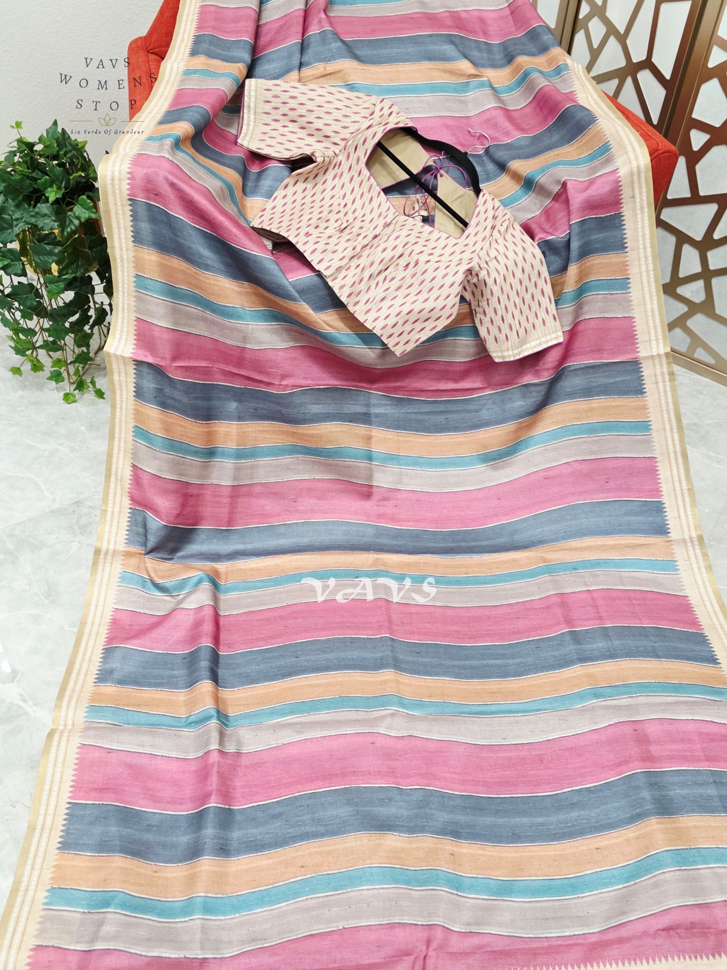 Dusty Rose & Slate Blue Jute Silk Striped Saree with Ivory Stitched Blouse Size 36, Extendable to 42