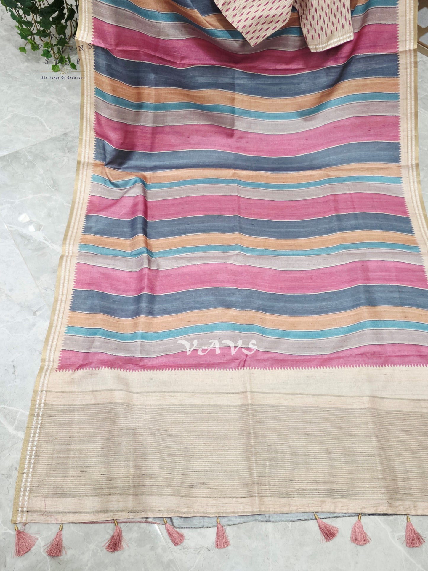 Dusty Rose & Slate Blue Jute Silk Striped Saree with Ivory Stitched Blouse Size 36, Extendable to 42