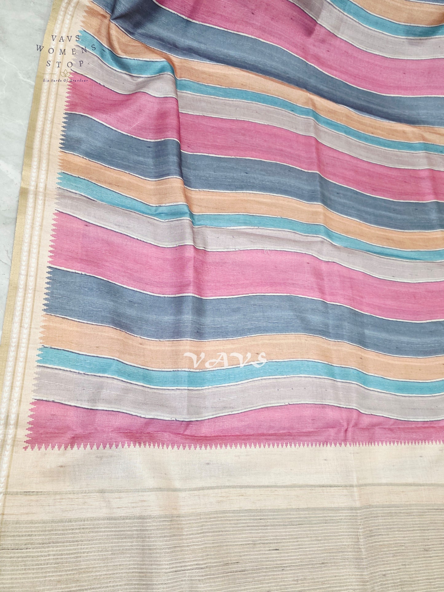 Dusty Rose & Slate Blue Jute Silk Striped Saree with Ivory Stitched Blouse Size 36, Extendable to 42