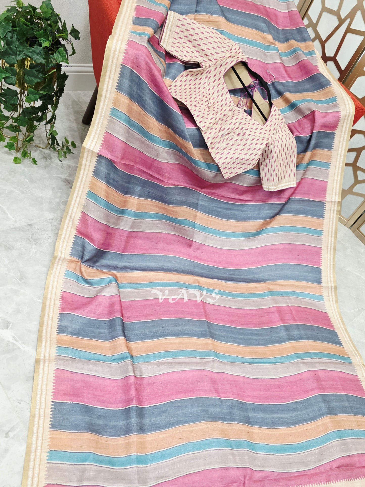 Dusty Rose & Slate Blue Jute Silk Striped Saree with Ivory Stitched Blouse Size 36, Extendable to 42