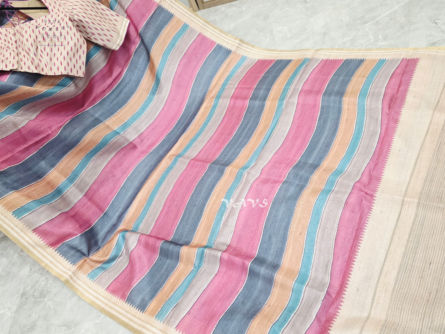 Dusty Rose & Slate Blue Jute Silk Striped Saree with Ivory Stitched Blouse Size 36, Extendable to 42
