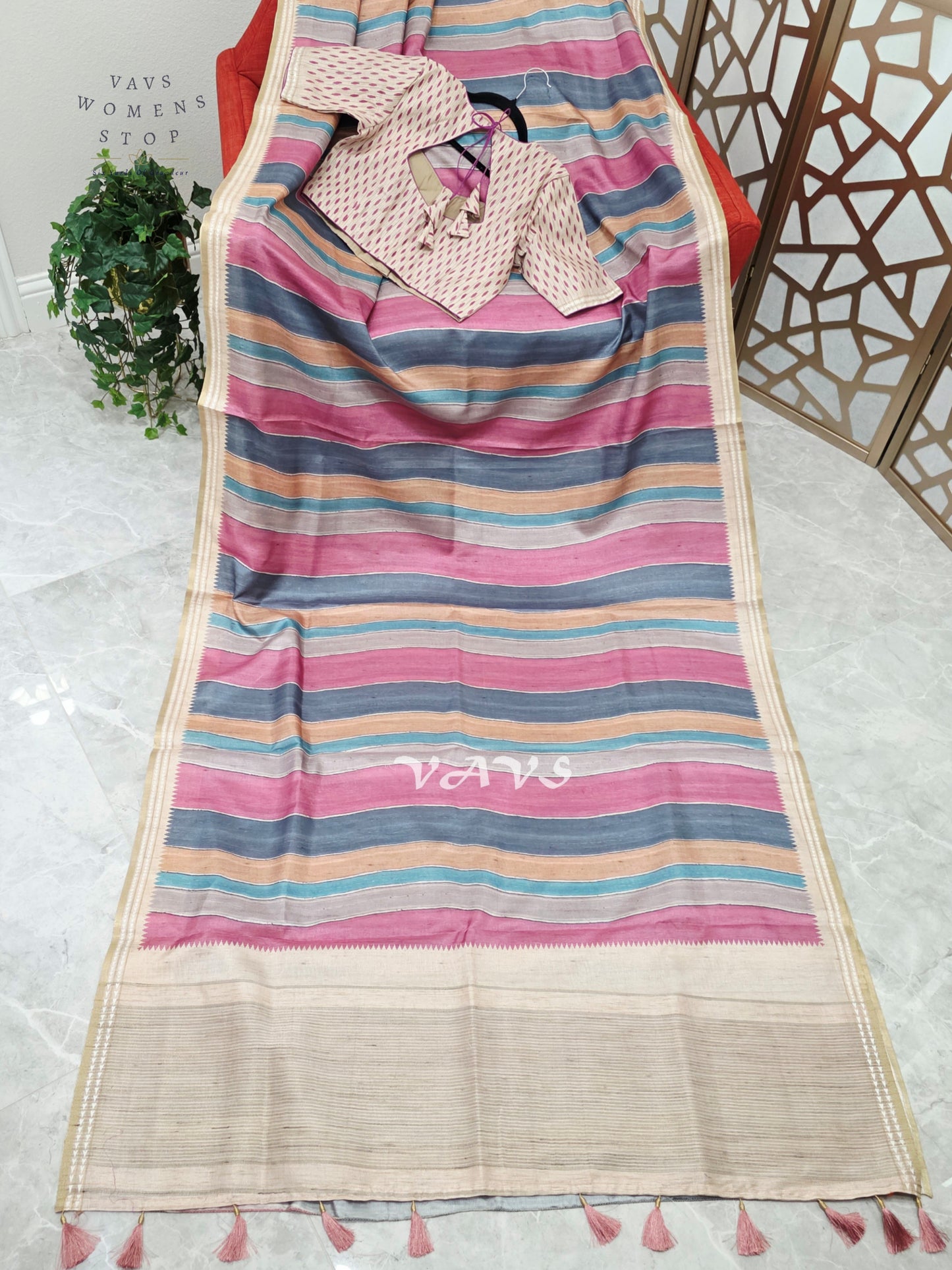 Dusty Rose & Slate Blue Jute Silk Striped Saree with Ivory Stitched Blouse Size 36, Extendable to 42