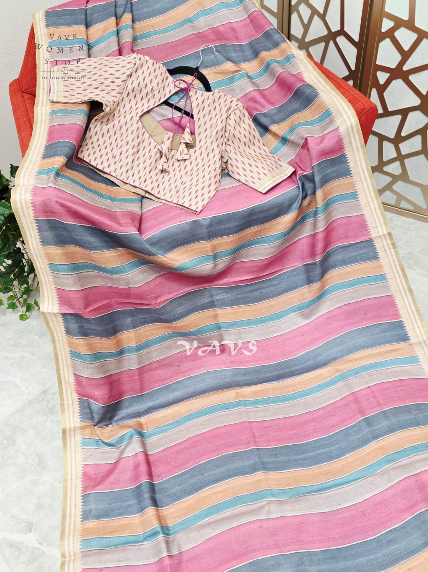 Dusty Rose & Slate Blue Jute Silk Striped Saree with Ivory Stitched Blouse Size 36, Extendable to 42