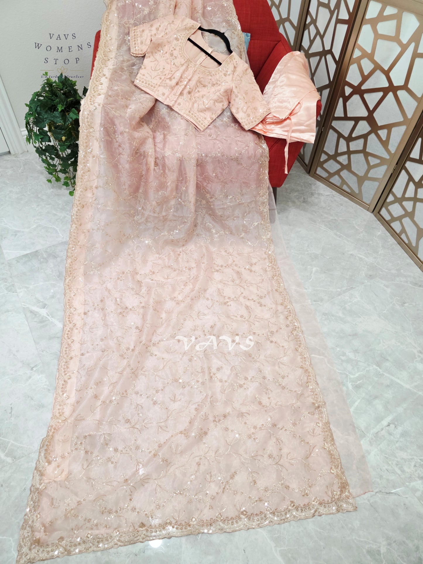 Blush Pink & Champagne Soft Tissue Style Sequin Saree with Stitched Blouse Size 36–42 & Matching Satin Petticoat