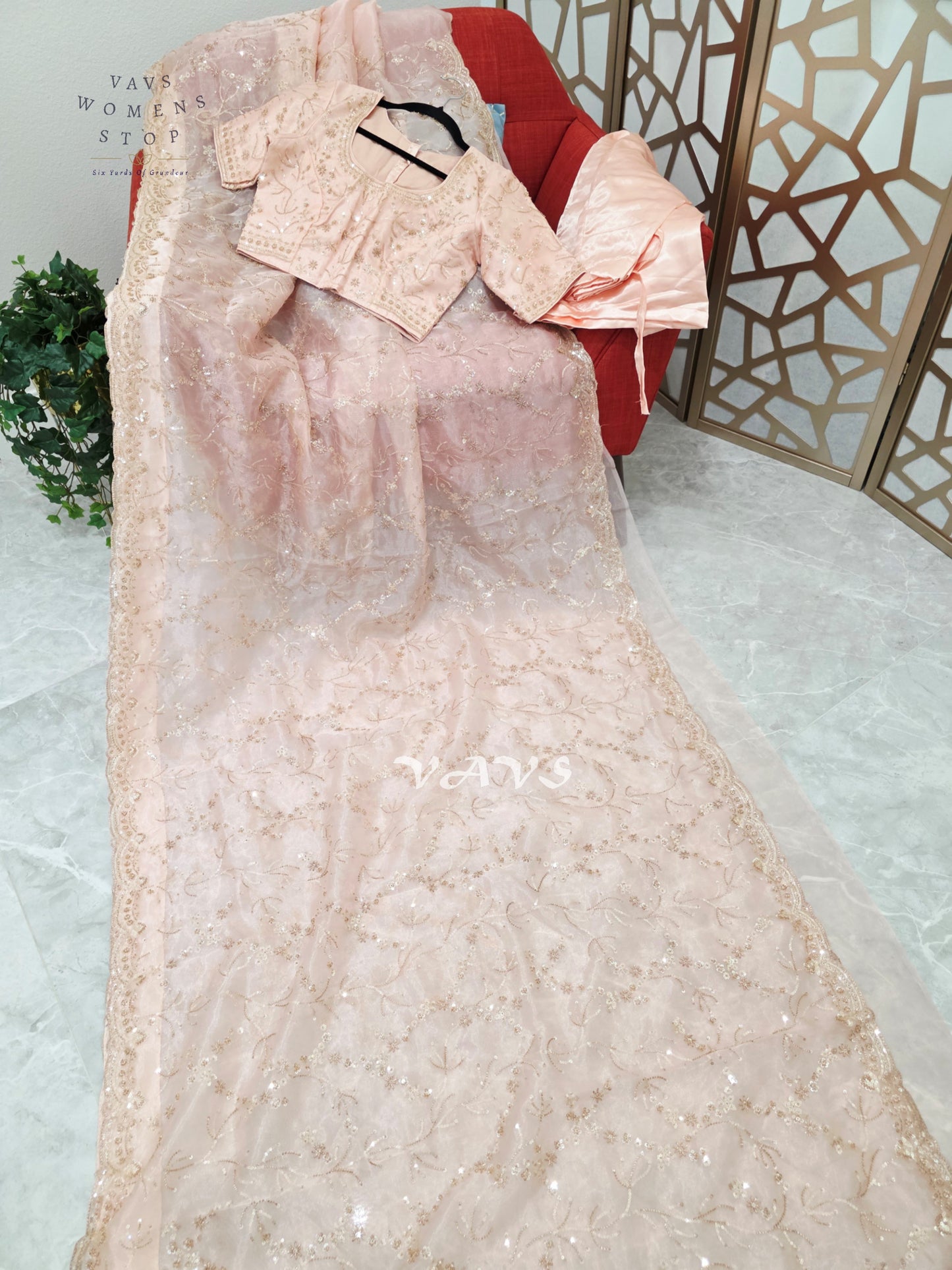 Blush Pink & Champagne Soft Tissue Style Sequin Saree with Stitched Blouse Size 36–42 & Matching Satin Petticoat