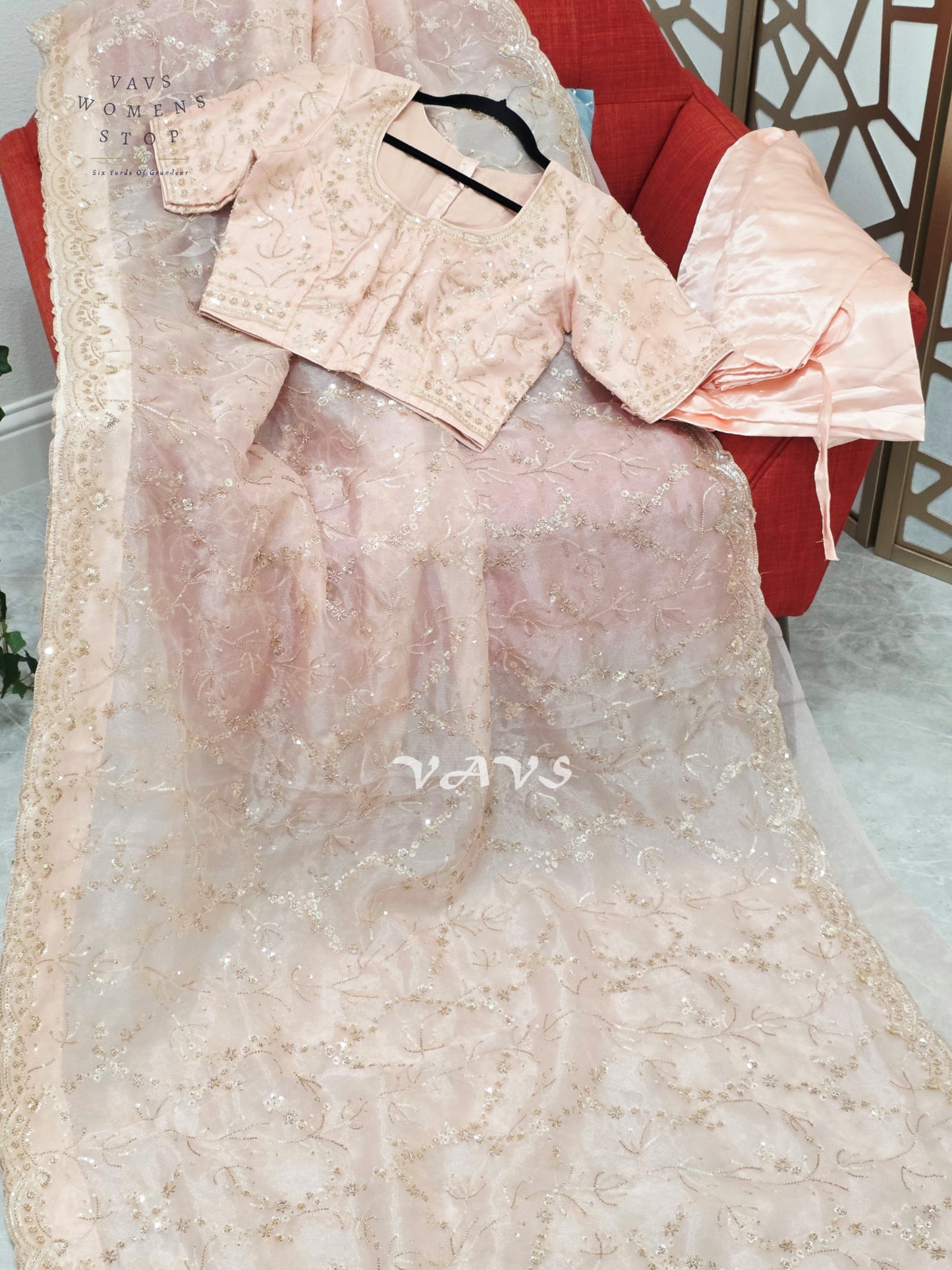 Blush Pink & Champagne Soft Tissue Style Sequin Saree with Stitched Blouse Size 36–42 & Matching Satin Petticoat