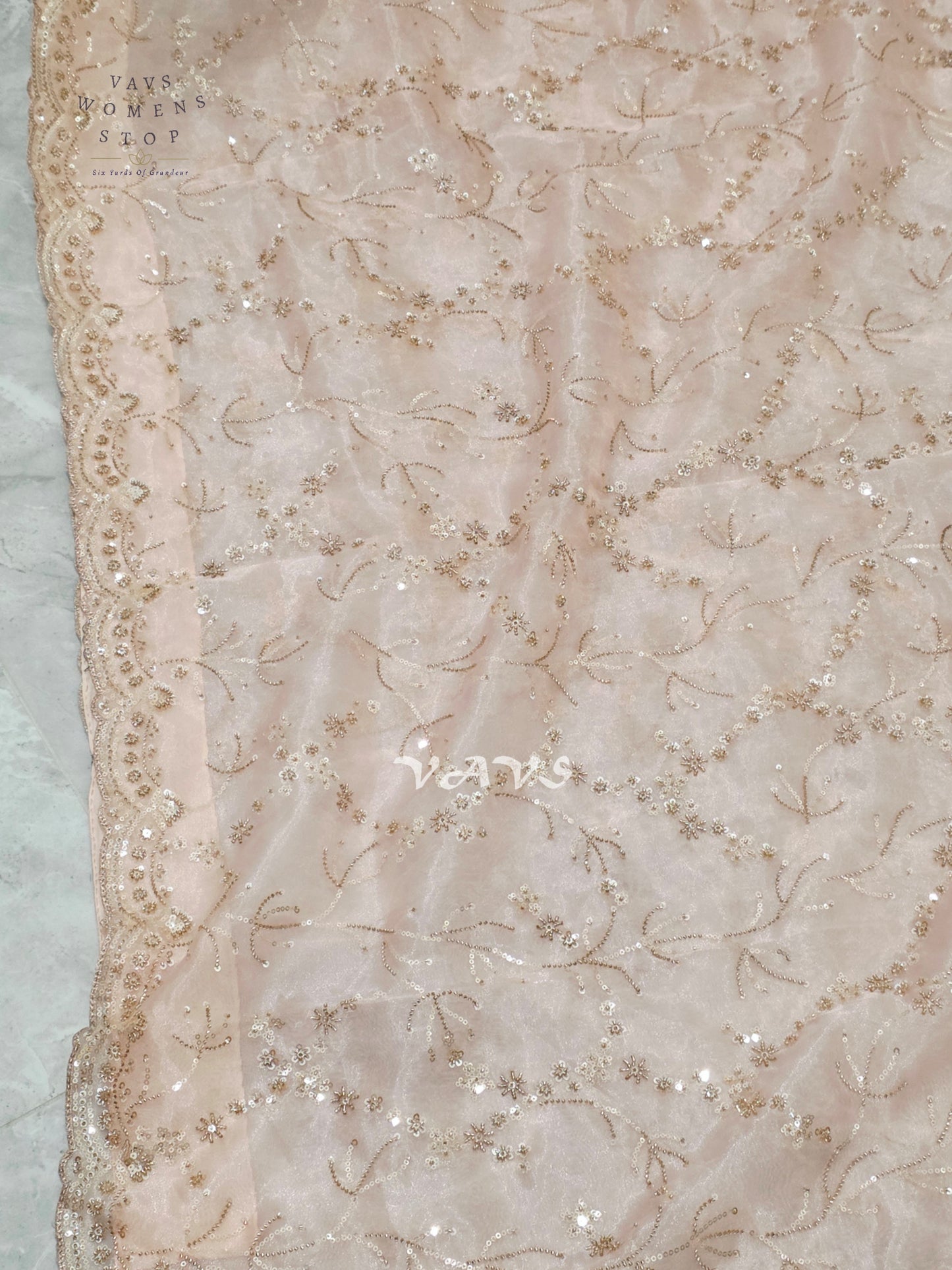 Blush Pink & Champagne Soft Tissue Style Sequin Saree with Stitched Blouse Size 36–42 & Matching Satin Petticoat