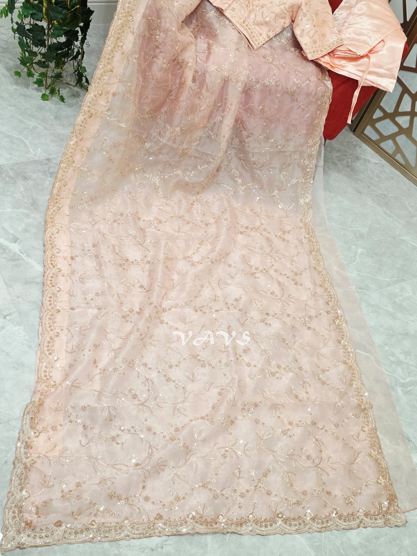 Blush Pink & Champagne Soft Tissue Style Sequin Saree with Stitched Blouse Size 36–42 & Matching Satin Petticoat